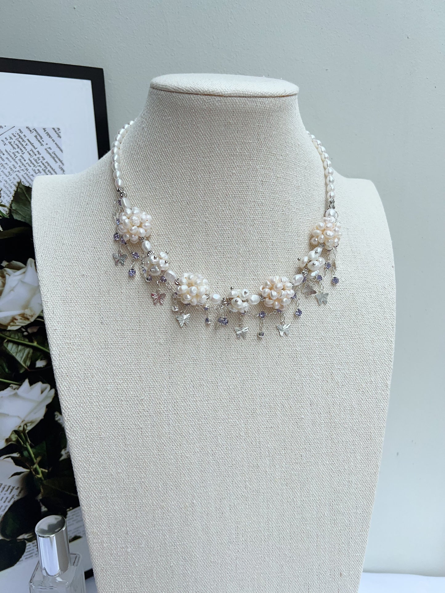 #PN1205 freshwater pearl necklace white flower ball butterfly on chain natural flaws wedding style