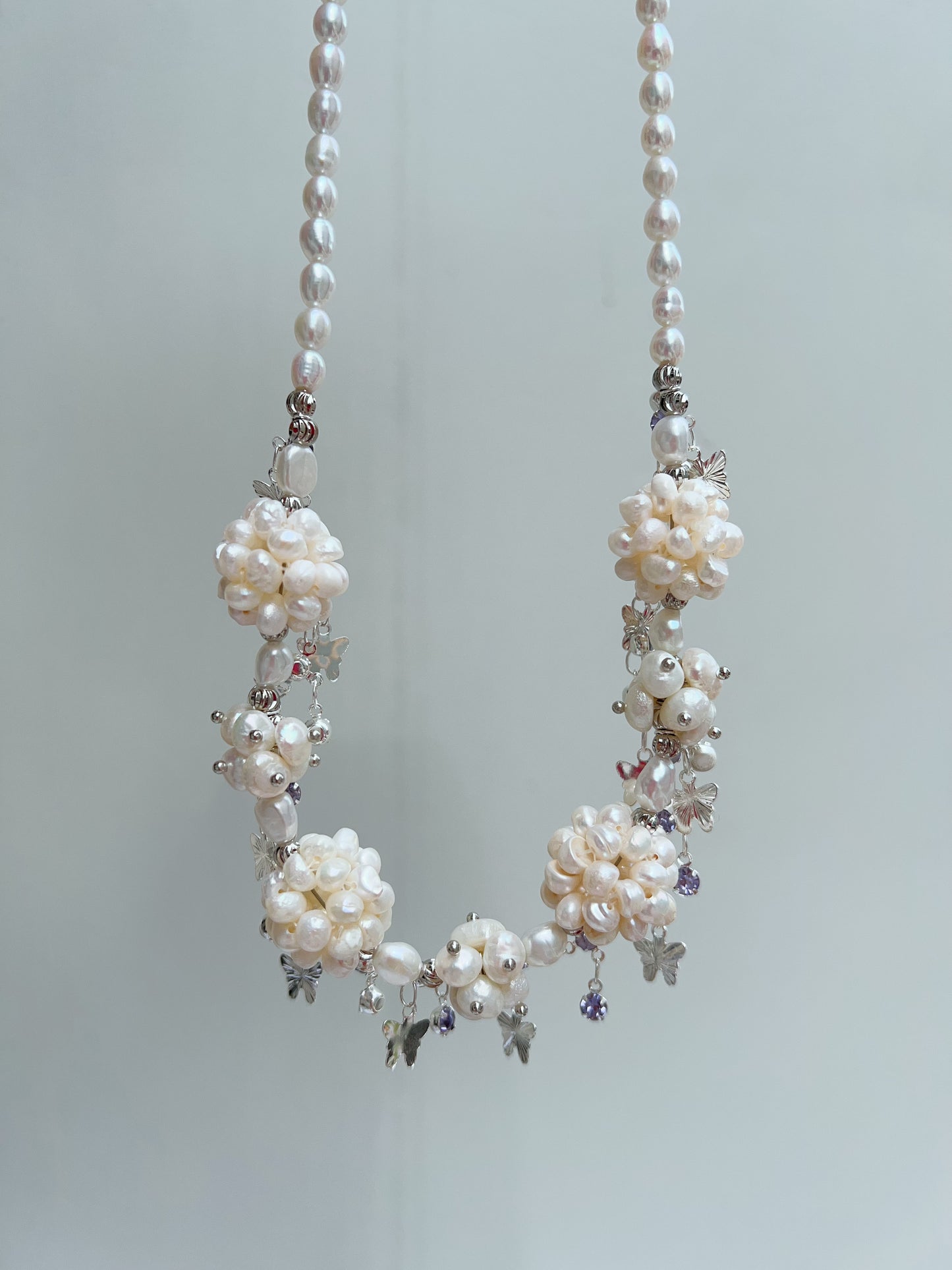 #PN1205 freshwater pearl necklace white flower ball butterfly on chain natural flaws wedding style