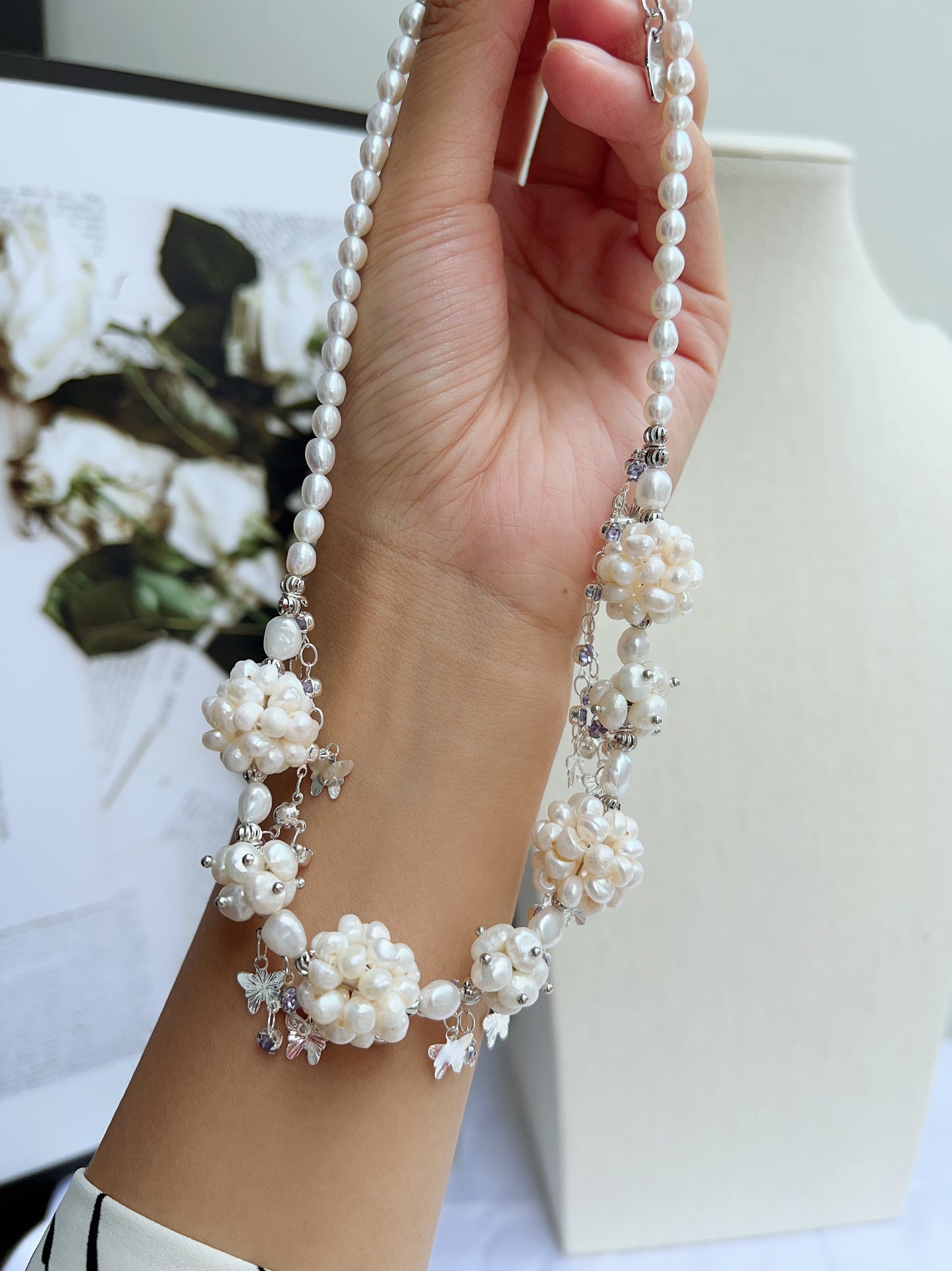 #PN1205 freshwater pearl necklace white flower ball butterfly on chain natural flaws wedding style