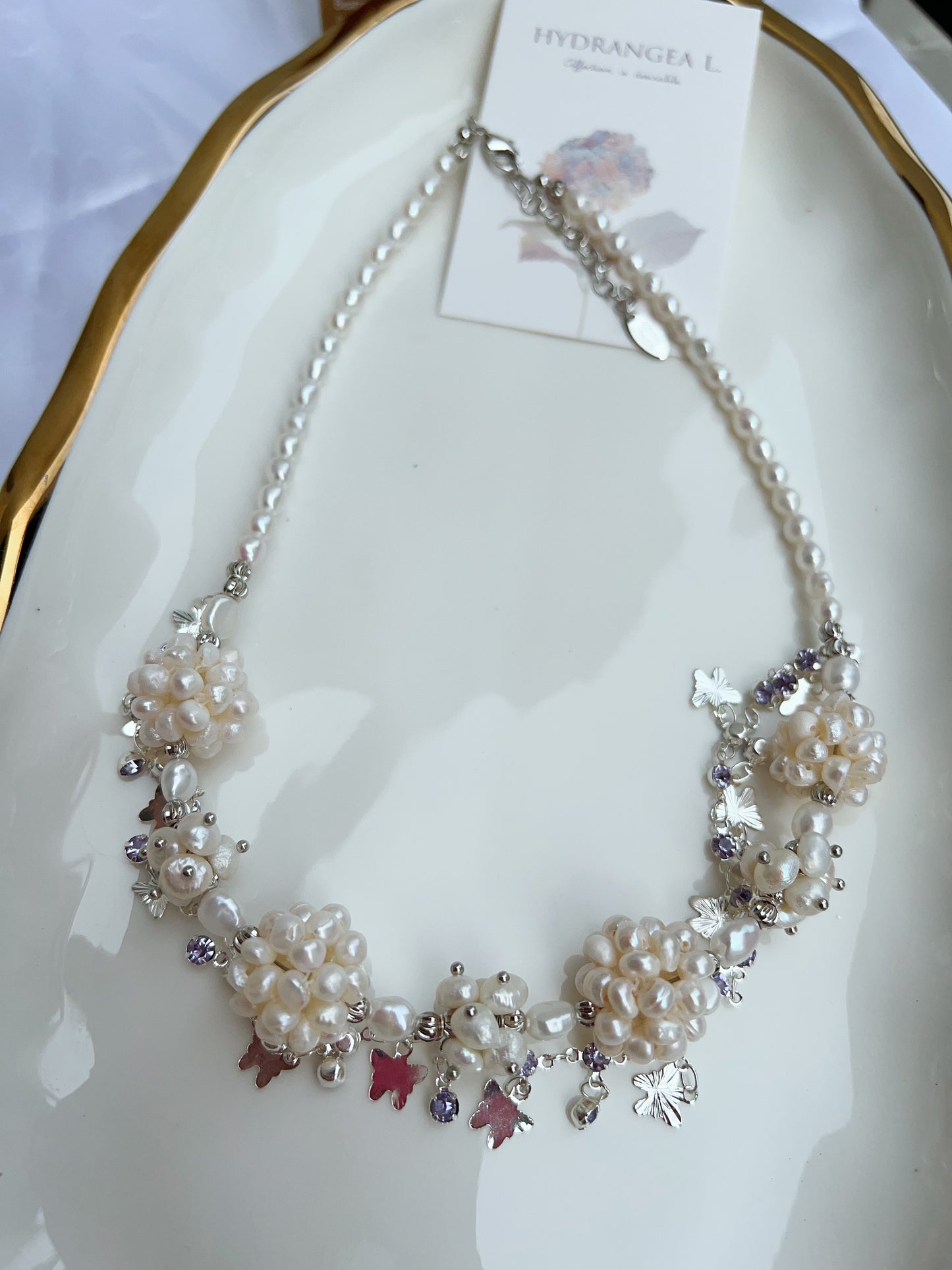 #PN1205 freshwater pearl necklace white flower ball butterfly on chain natural flaws wedding style