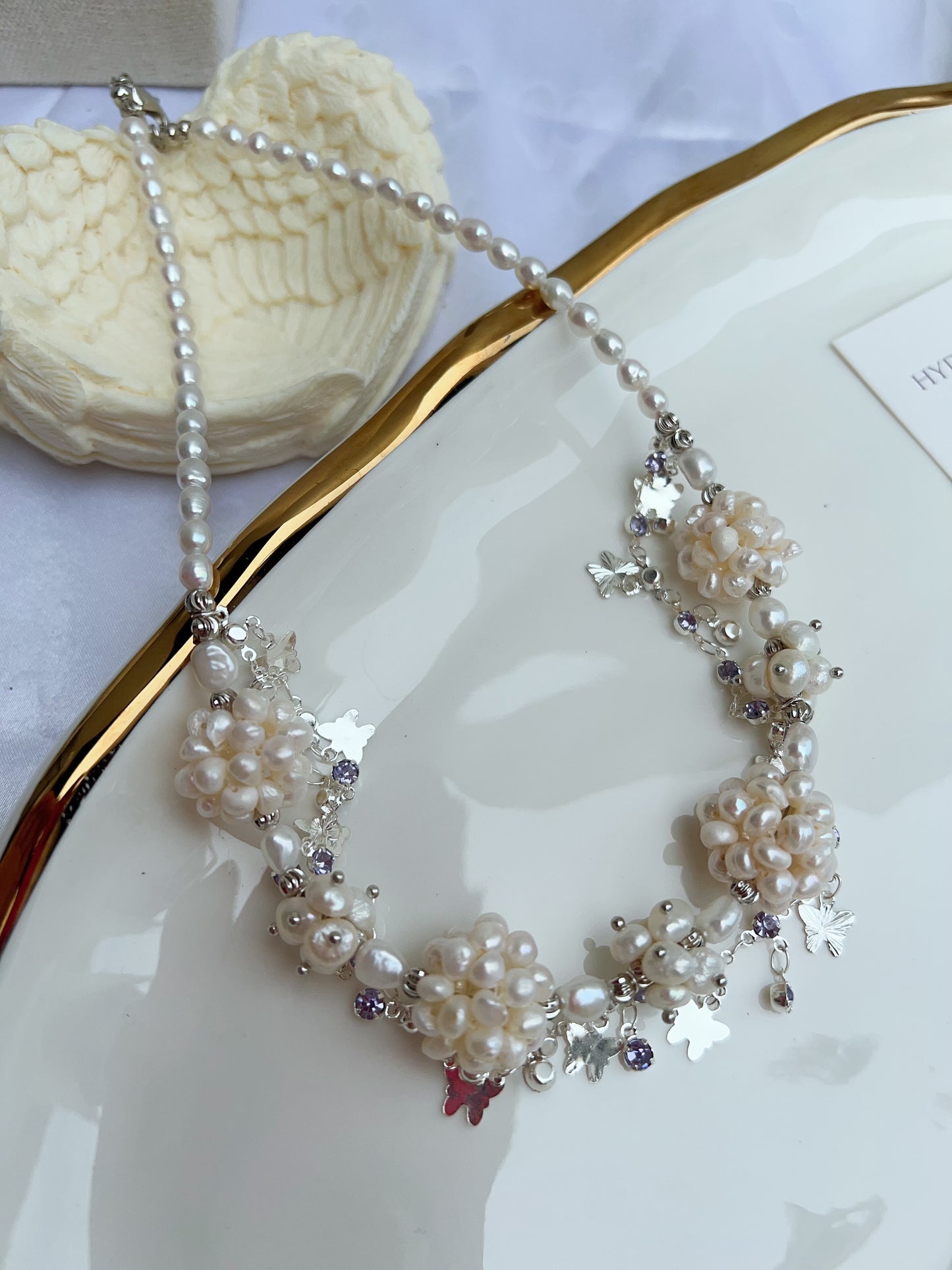 #PN1205 freshwater pearl necklace white flower ball butterfly on chain natural flaws wedding style
