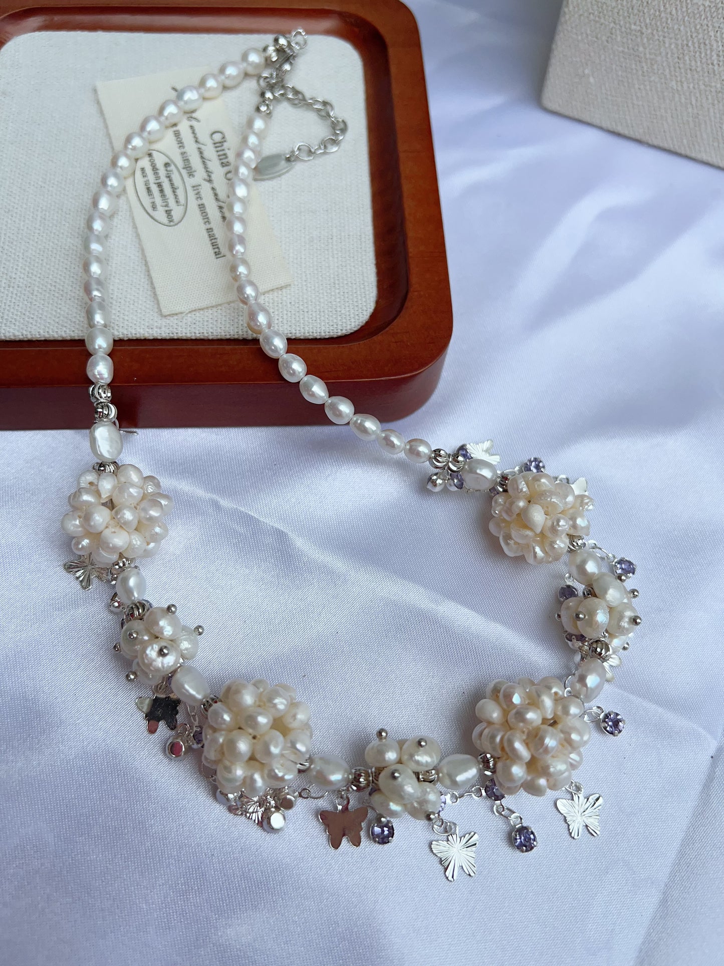 #PN1205 freshwater pearl necklace white flower ball butterfly on chain natural flaws wedding style