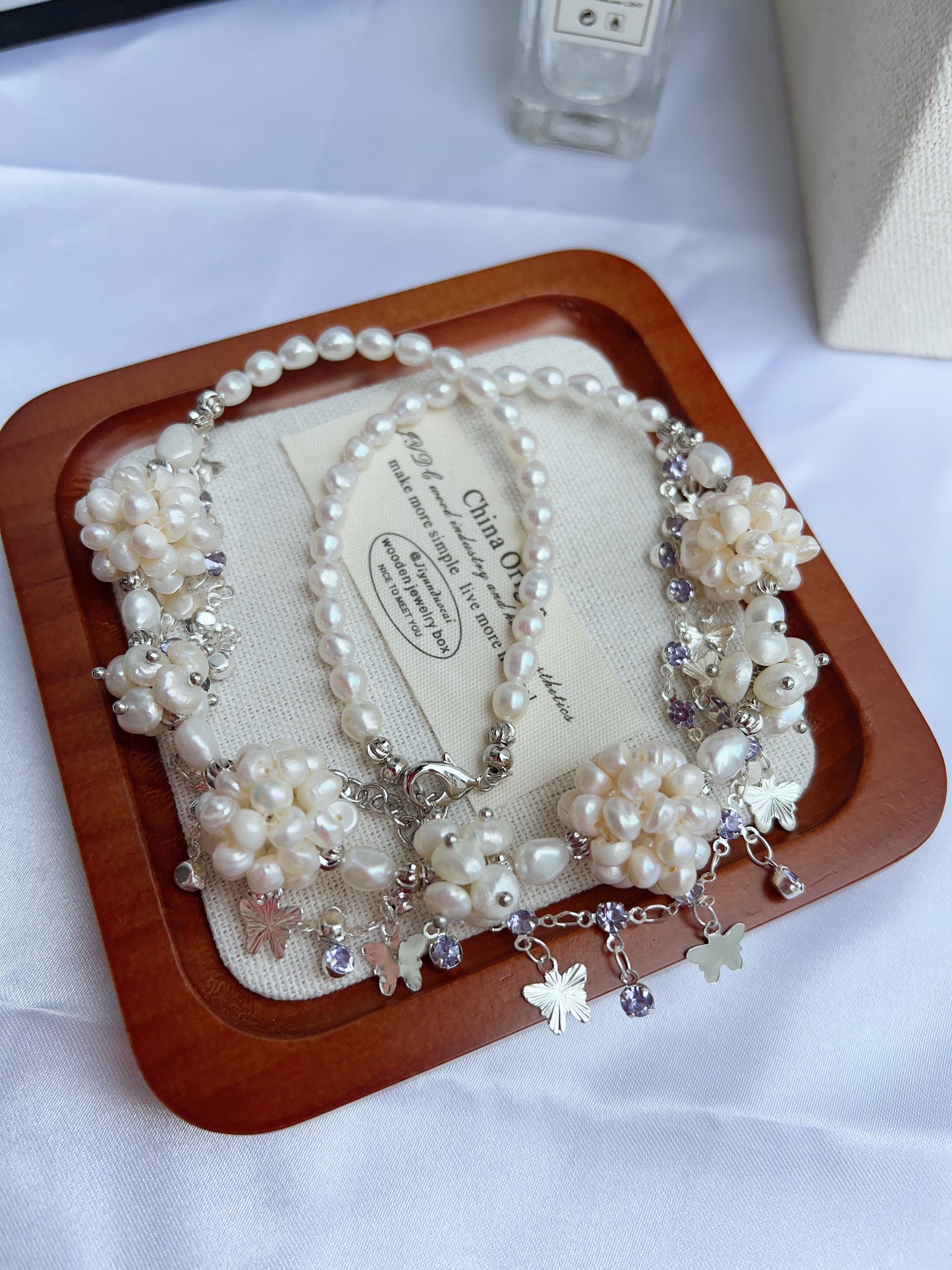 #PN1205 freshwater pearl necklace white flower ball butterfly on chain natural flaws wedding style