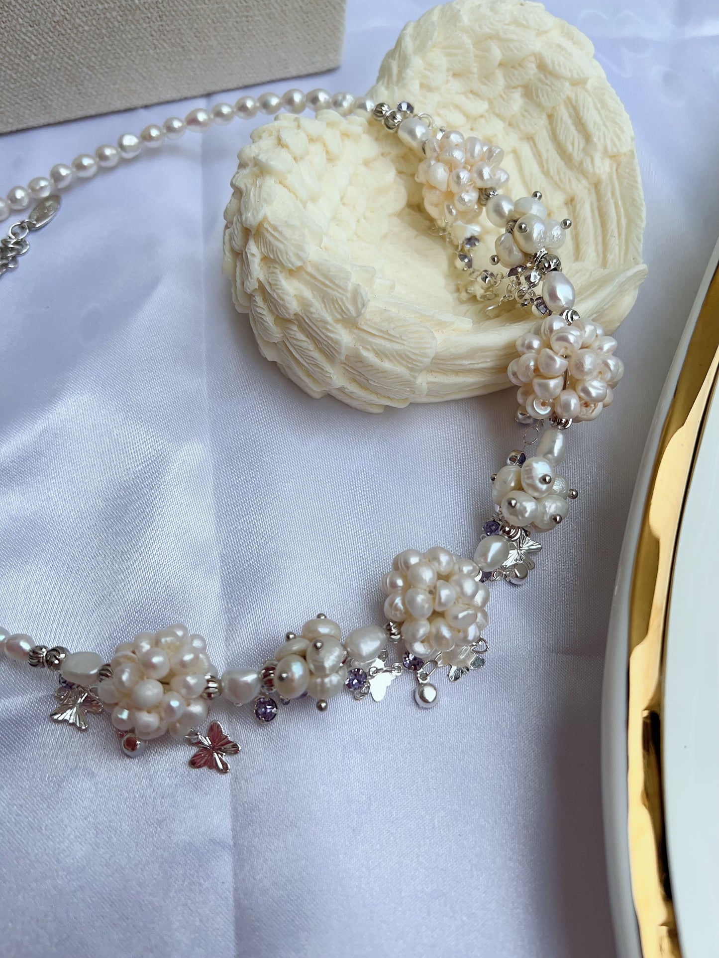 #PN1205 freshwater pearl necklace white flower ball butterfly on chain natural flaws wedding style