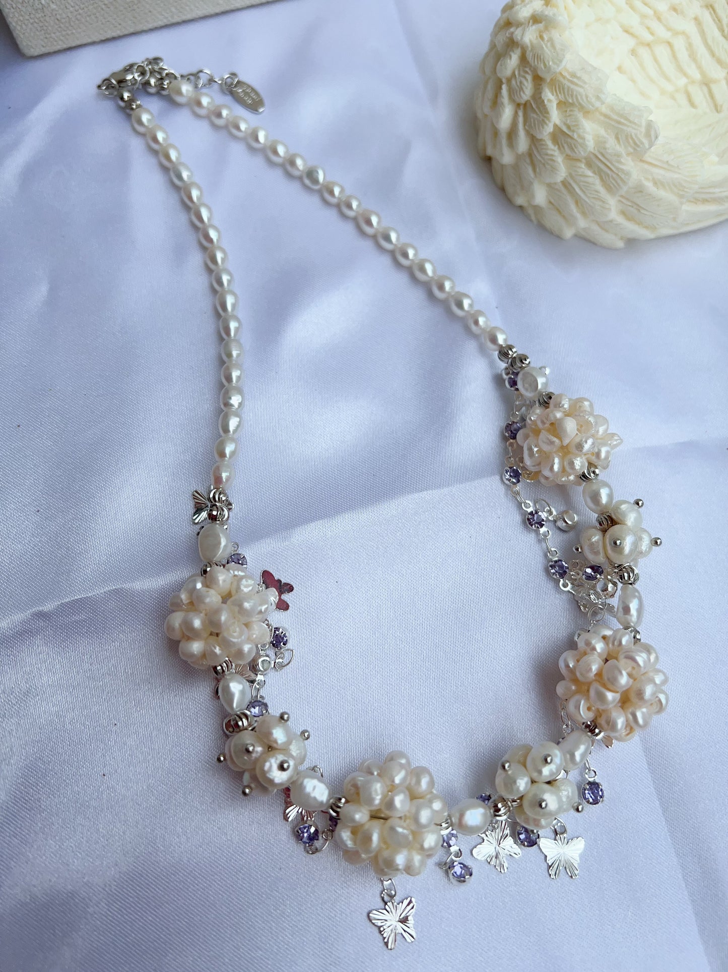 #PN1205 freshwater pearl necklace white flower ball butterfly on chain natural flaws wedding style