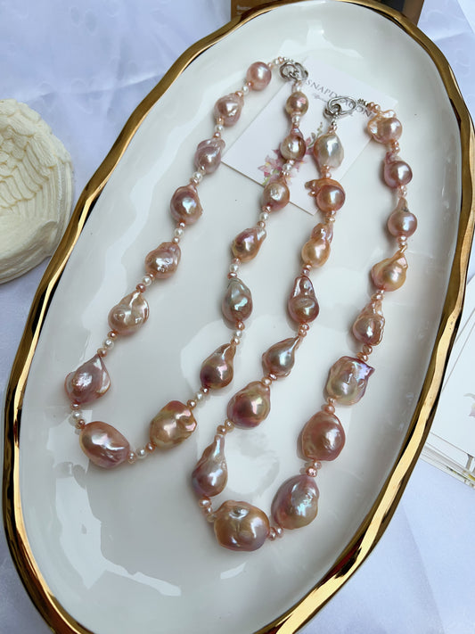 #PN1217 freshwater pearl necklace set medium fishtail baroque purple-golden lustre stary sky