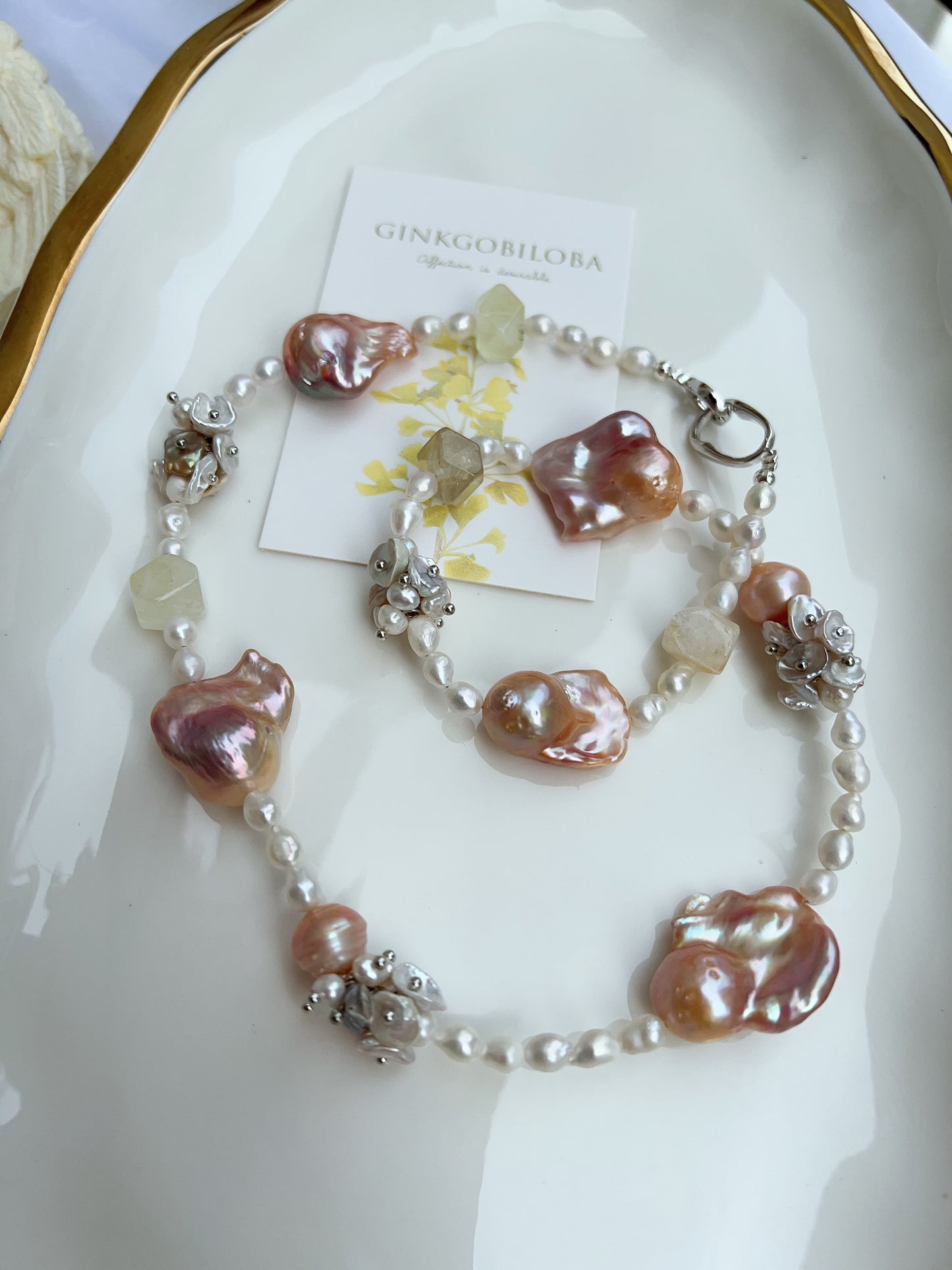 #PN1215 [Floral Series] freshwater pearl necklace citrine freeform wide fishtail baroque natural flaws