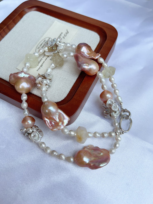 #PN1215 [Floral Series] freshwater pearl necklace citrine freeform wide fishtail baroque natural flaws