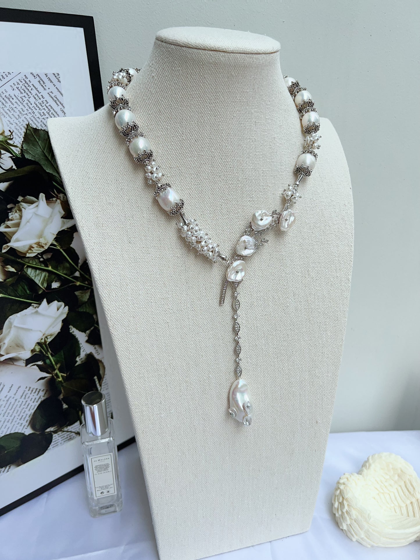 #PN1213 [Floral Series] freshwater pearl necklace big tree branch petal-on-pearl silver lustre big fishtail baroque one of a kind 13mm+ baroque