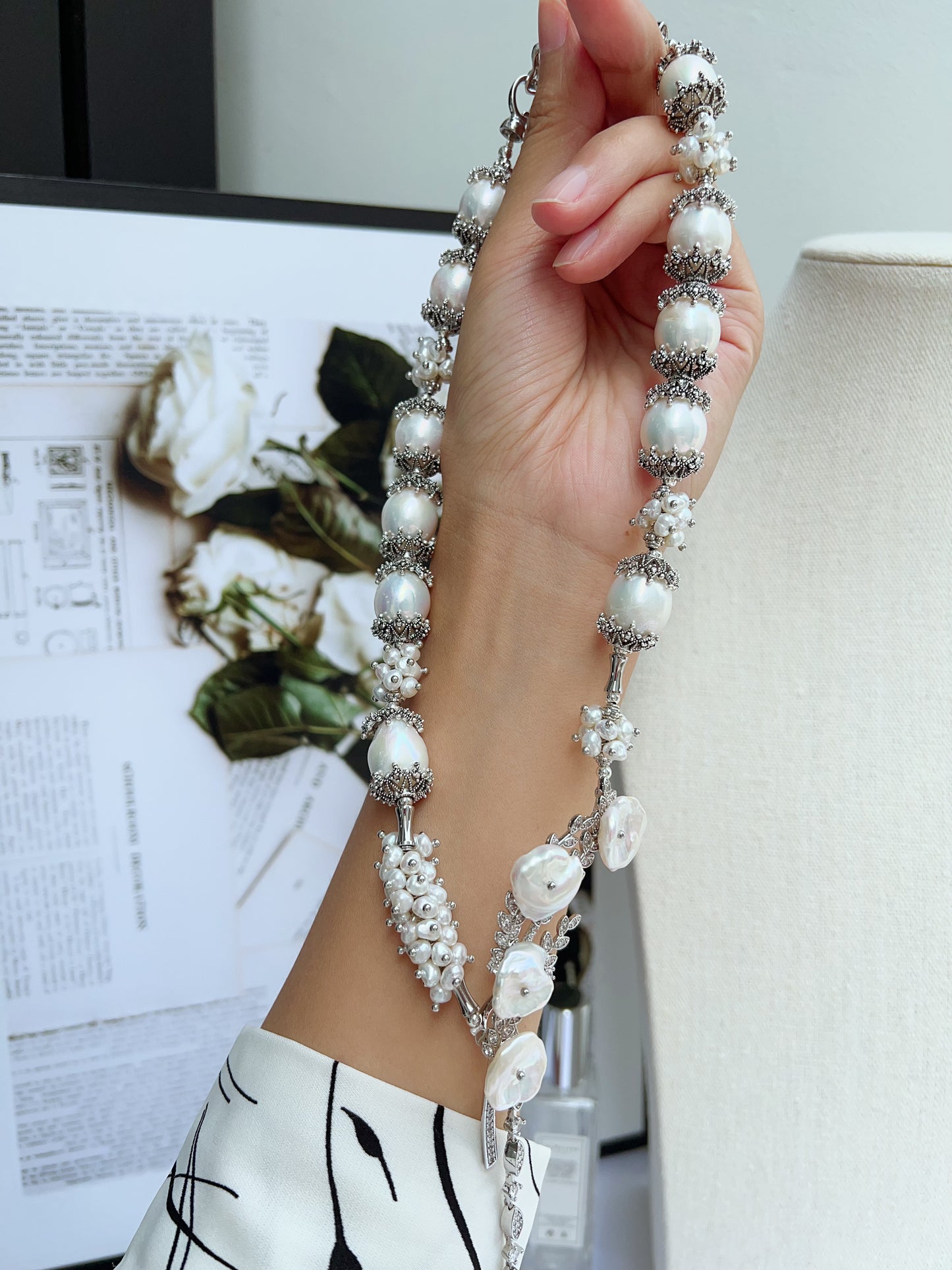 #PN1213 [Floral Series] freshwater pearl necklace big tree branch petal-on-pearl silver lustre big fishtail baroque one of a kind 13mm+ baroque