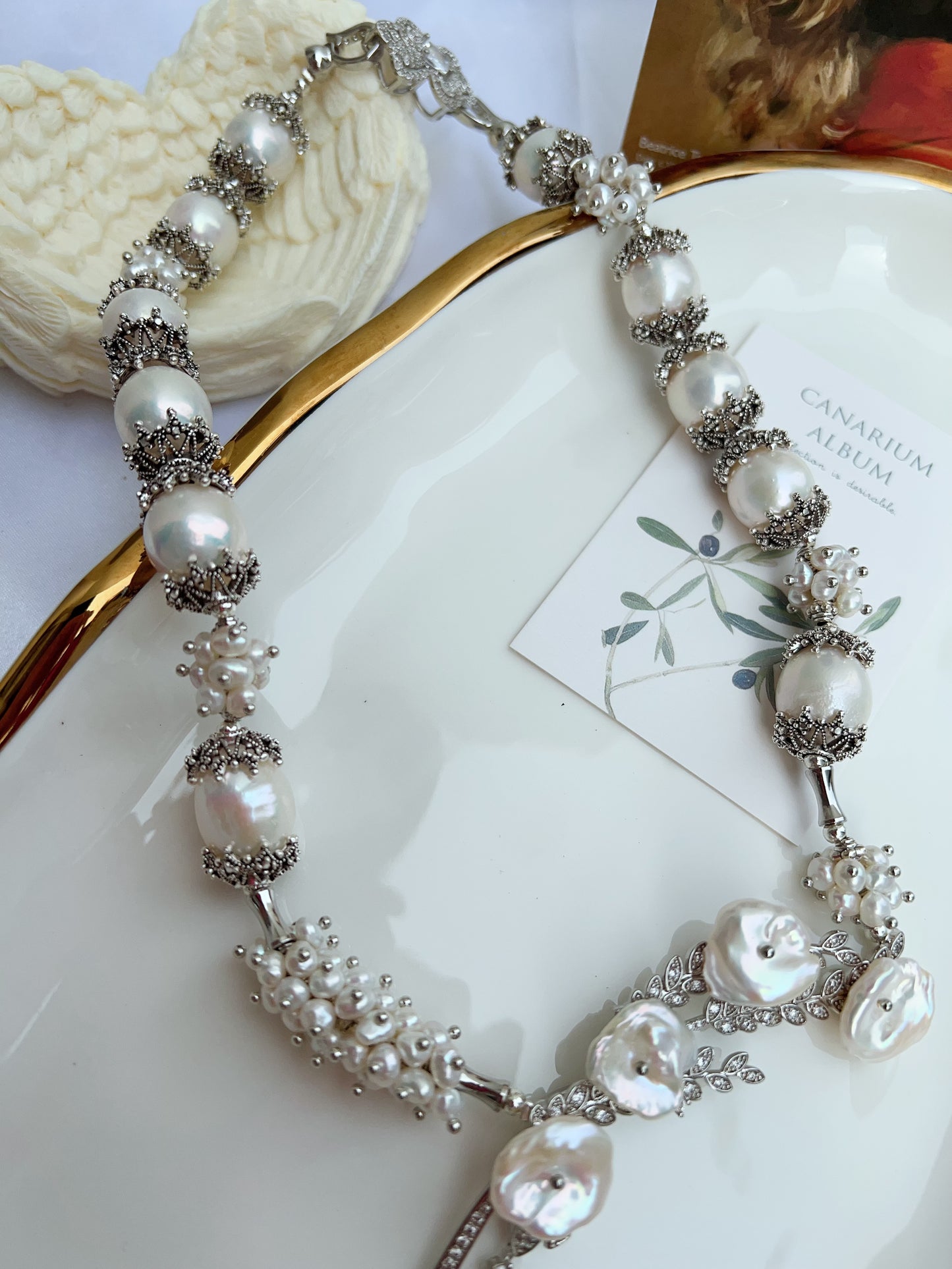 #PN1213 [Floral Series] freshwater pearl necklace big tree branch petal-on-pearl silver lustre big fishtail baroque one of a kind 13mm+ baroque