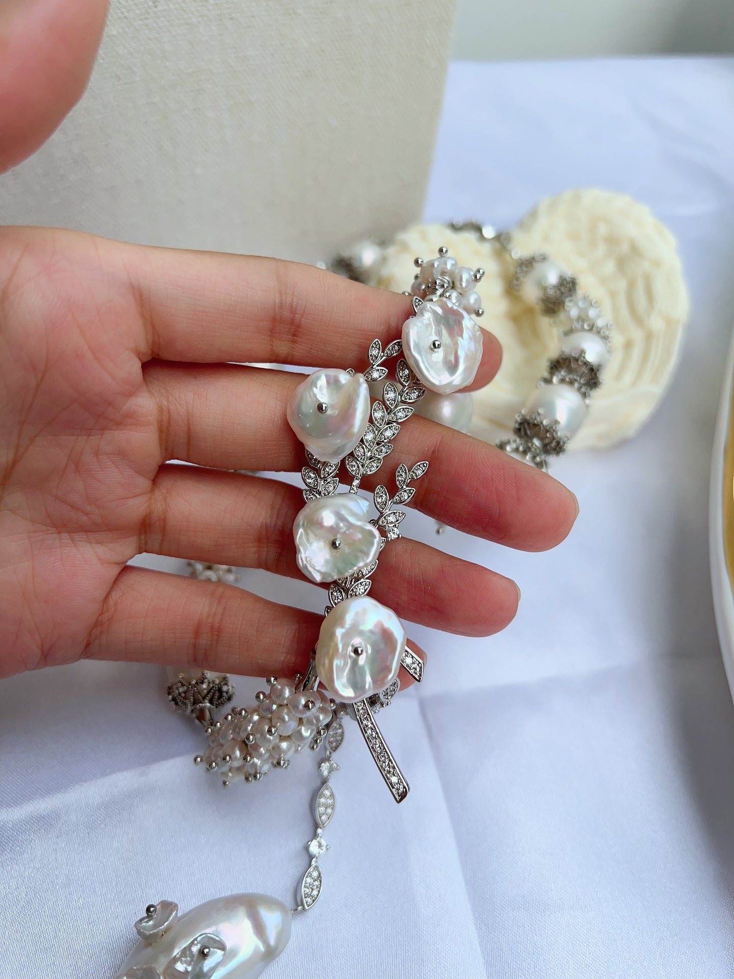 #PN1213 [Floral Series] freshwater pearl necklace big tree branch petal-on-pearl silver lustre big fishtail baroque one of a kind 13mm+ baroque