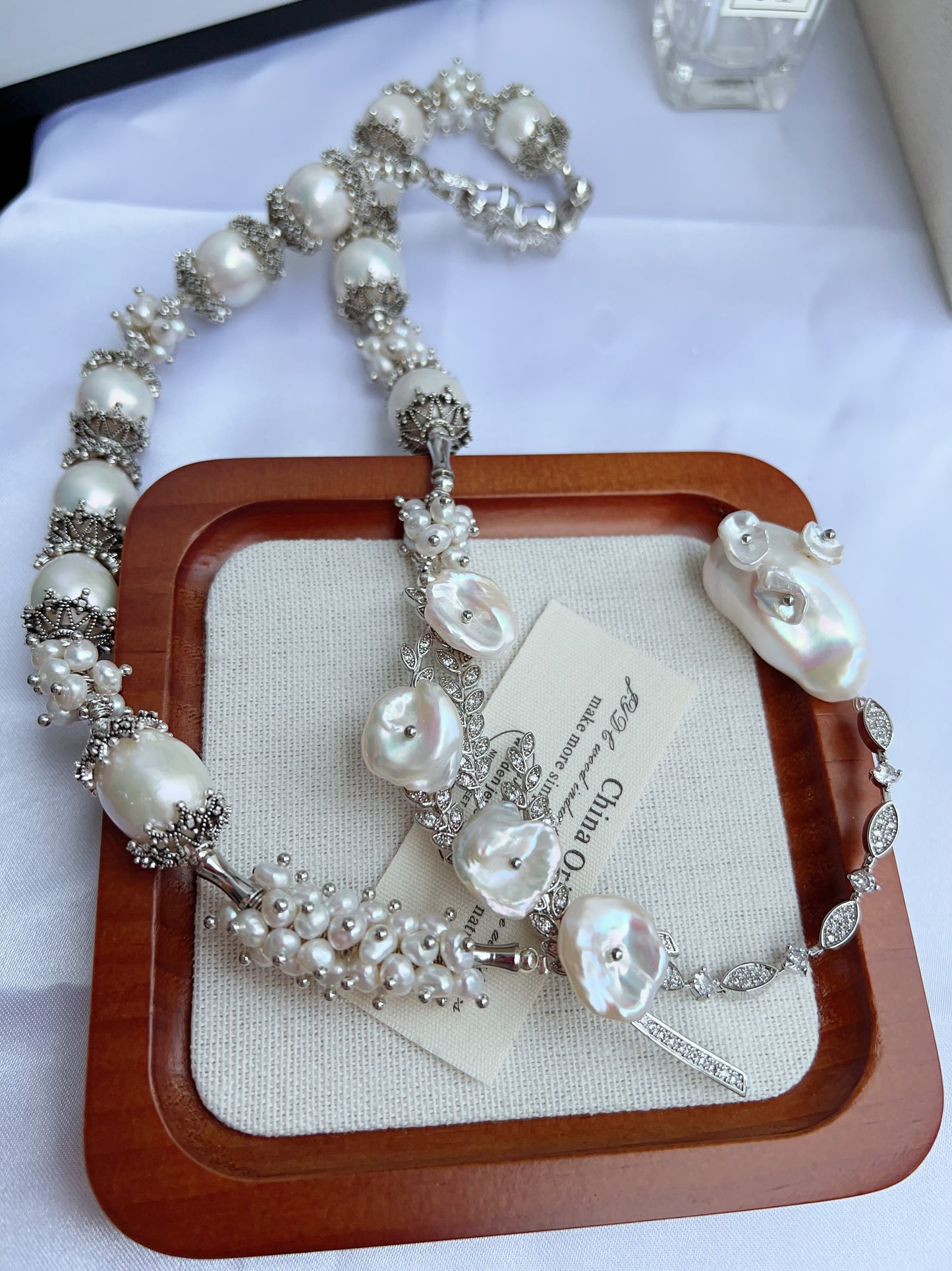 #PN1213 [Floral Series] freshwater pearl necklace big tree branch petal-on-pearl silver lustre big fishtail baroque one of a kind 13mm+ baroque