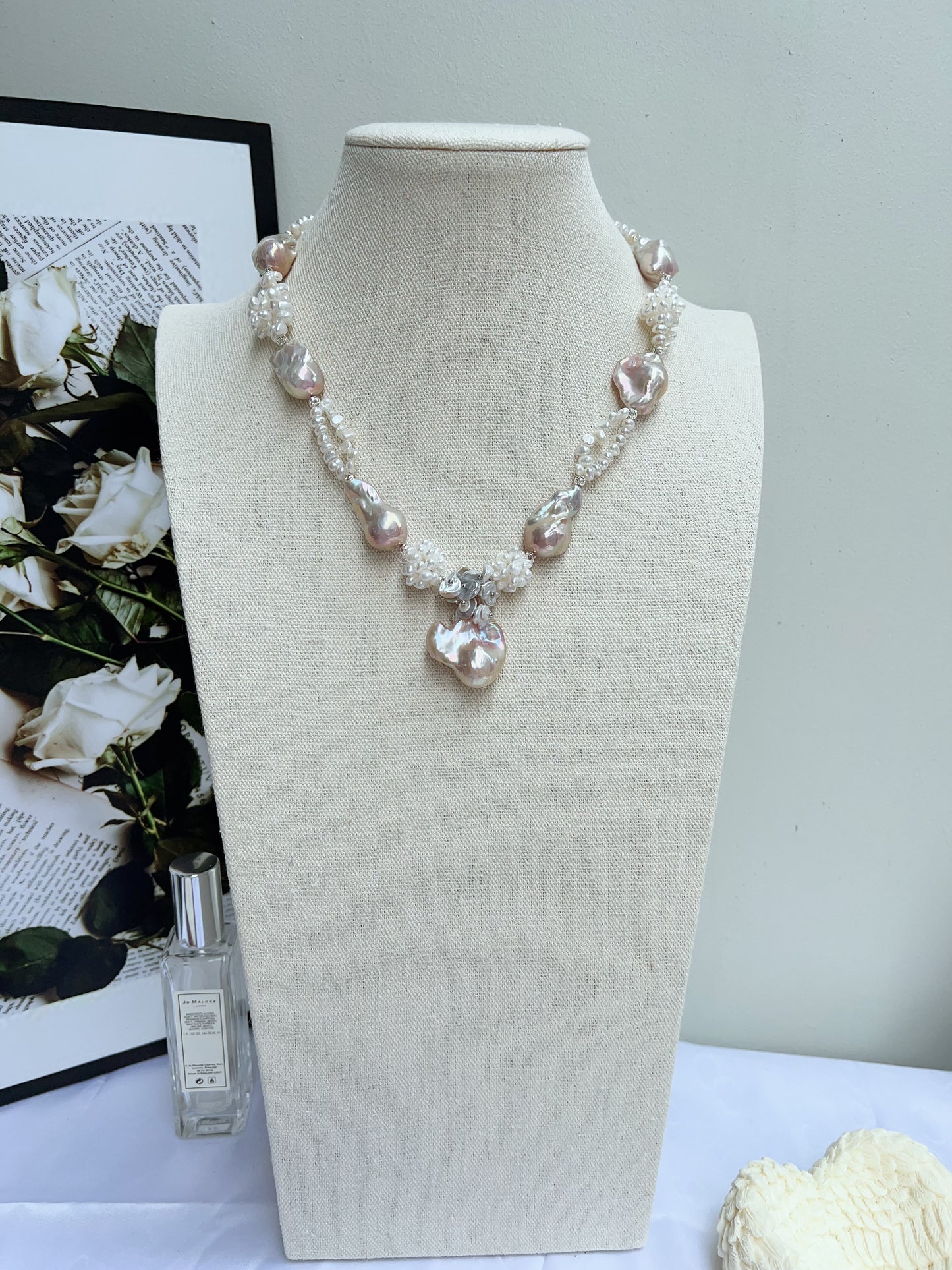 #PN1214 [Floral Series] freshwater pearl necklace 47cm fairy pink light purple fishtail baroque flower ball double layer design
