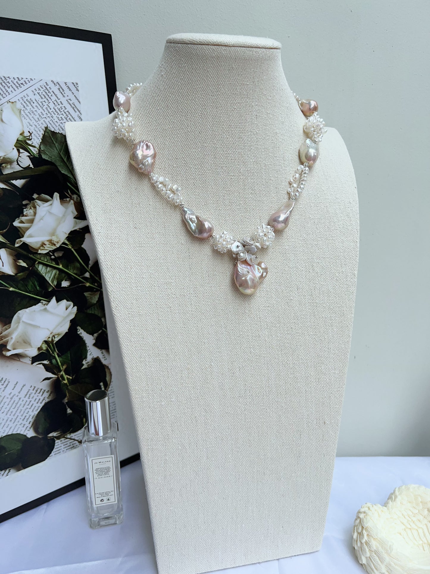 #PN1214 [Floral Series] freshwater pearl necklace 47cm fairy pink light purple fishtail baroque flower ball double layer design