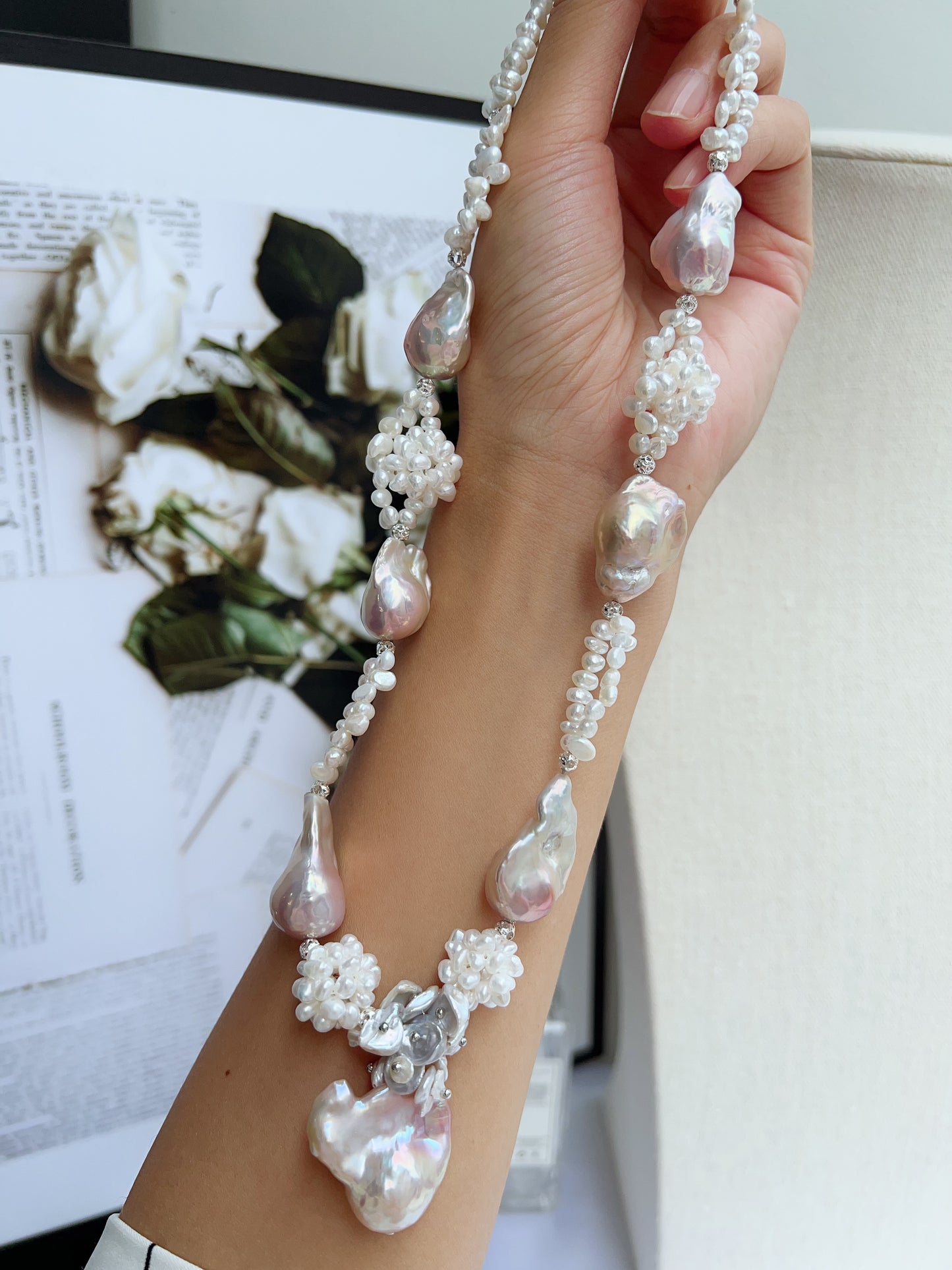 #PN1214 [Floral Series] freshwater pearl necklace 47cm fairy pink light purple fishtail baroque flower ball double layer design