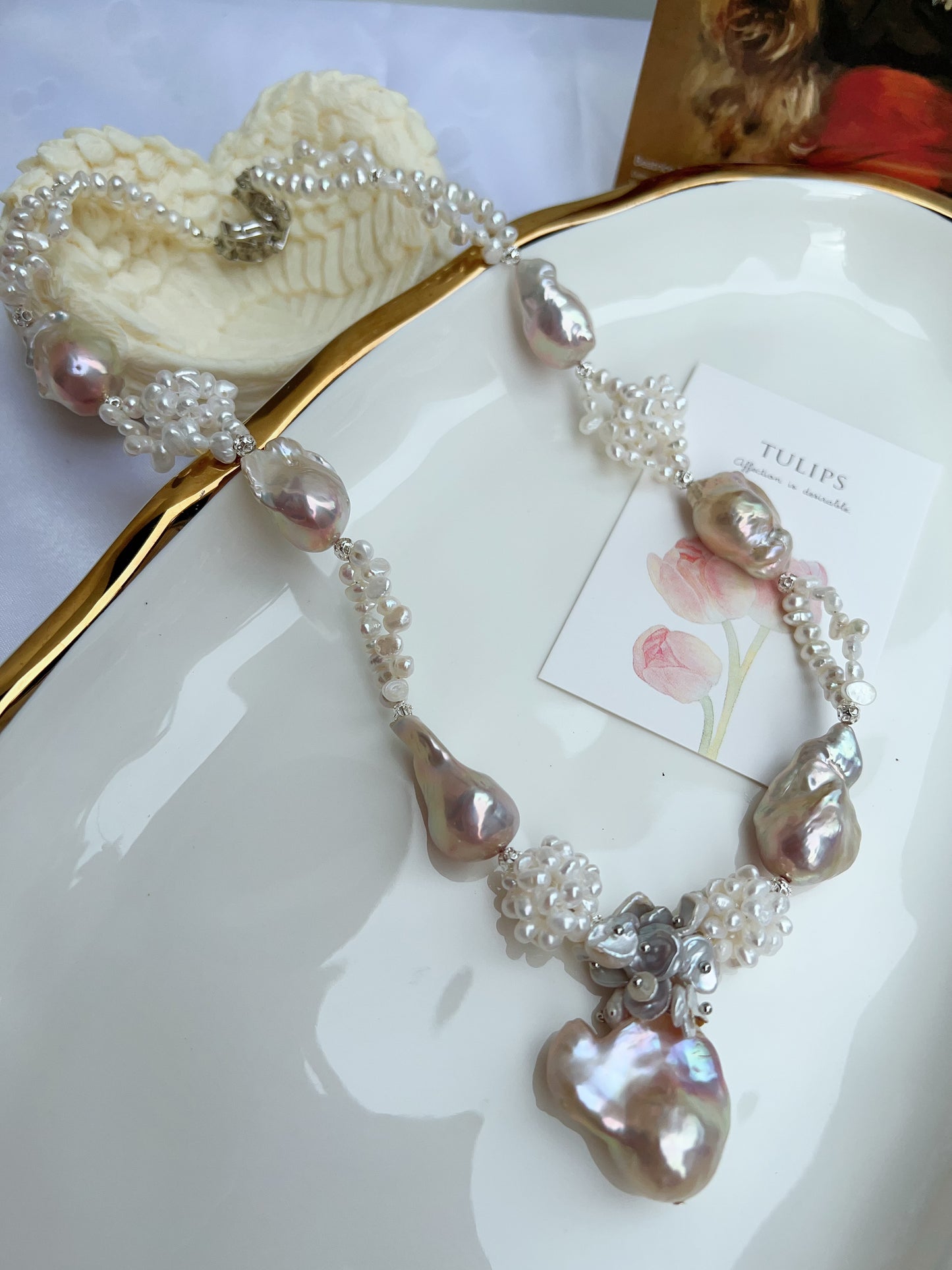 #PN1214 [Floral Series] freshwater pearl necklace 47cm fairy pink light purple fishtail baroque flower ball double layer design