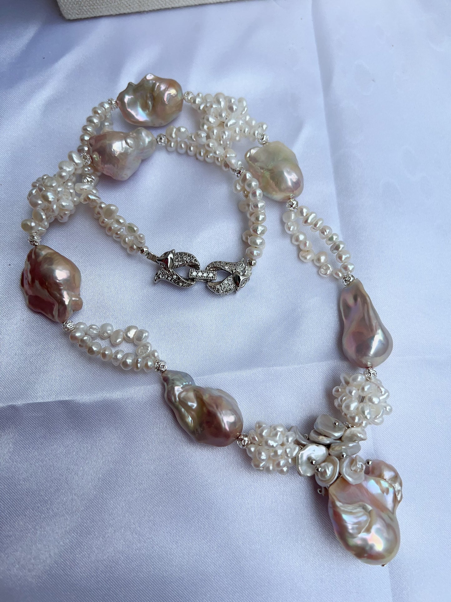 #PN1214 [Floral Series] freshwater pearl necklace 47cm fairy pink light purple fishtail baroque flower ball double layer design