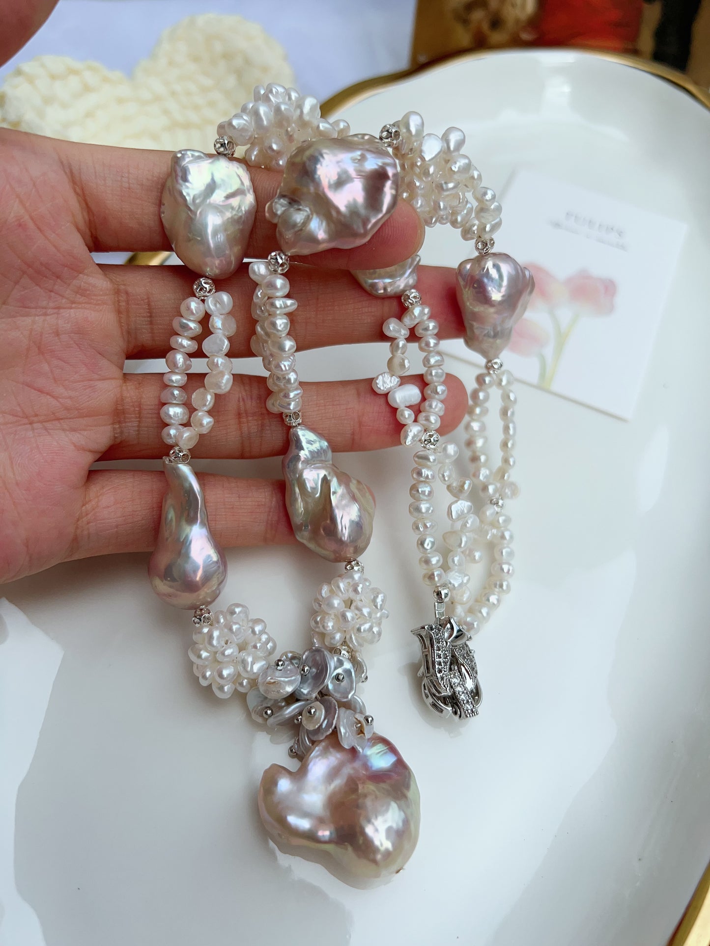 #PN1214 [Floral Series] freshwater pearl necklace 47cm fairy pink light purple fishtail baroque flower ball double layer design