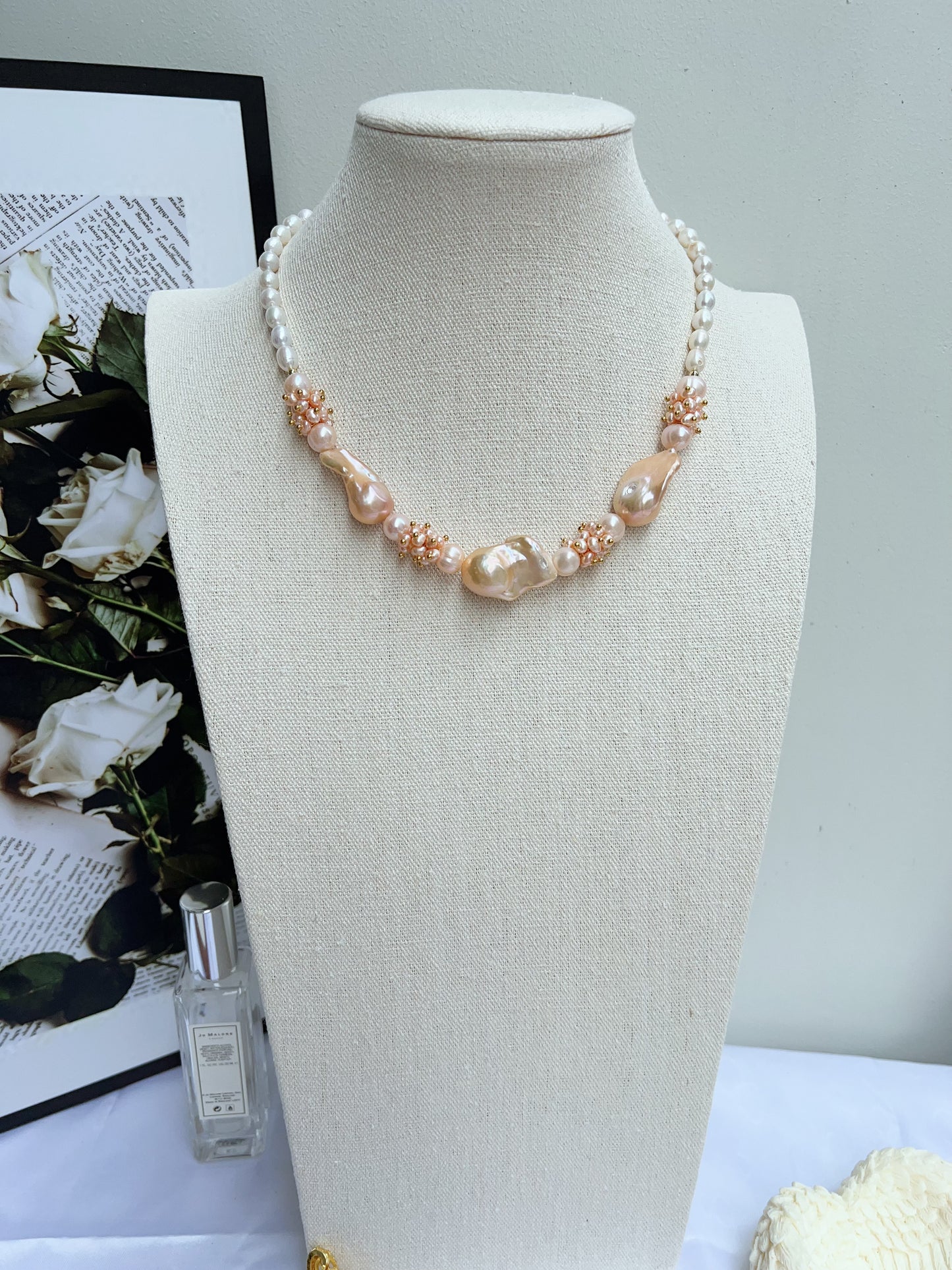 #PN1212 [Floral Series] freshwater pearl necklace champagne gold lustre 45cm big fishtail baroque butterfly design