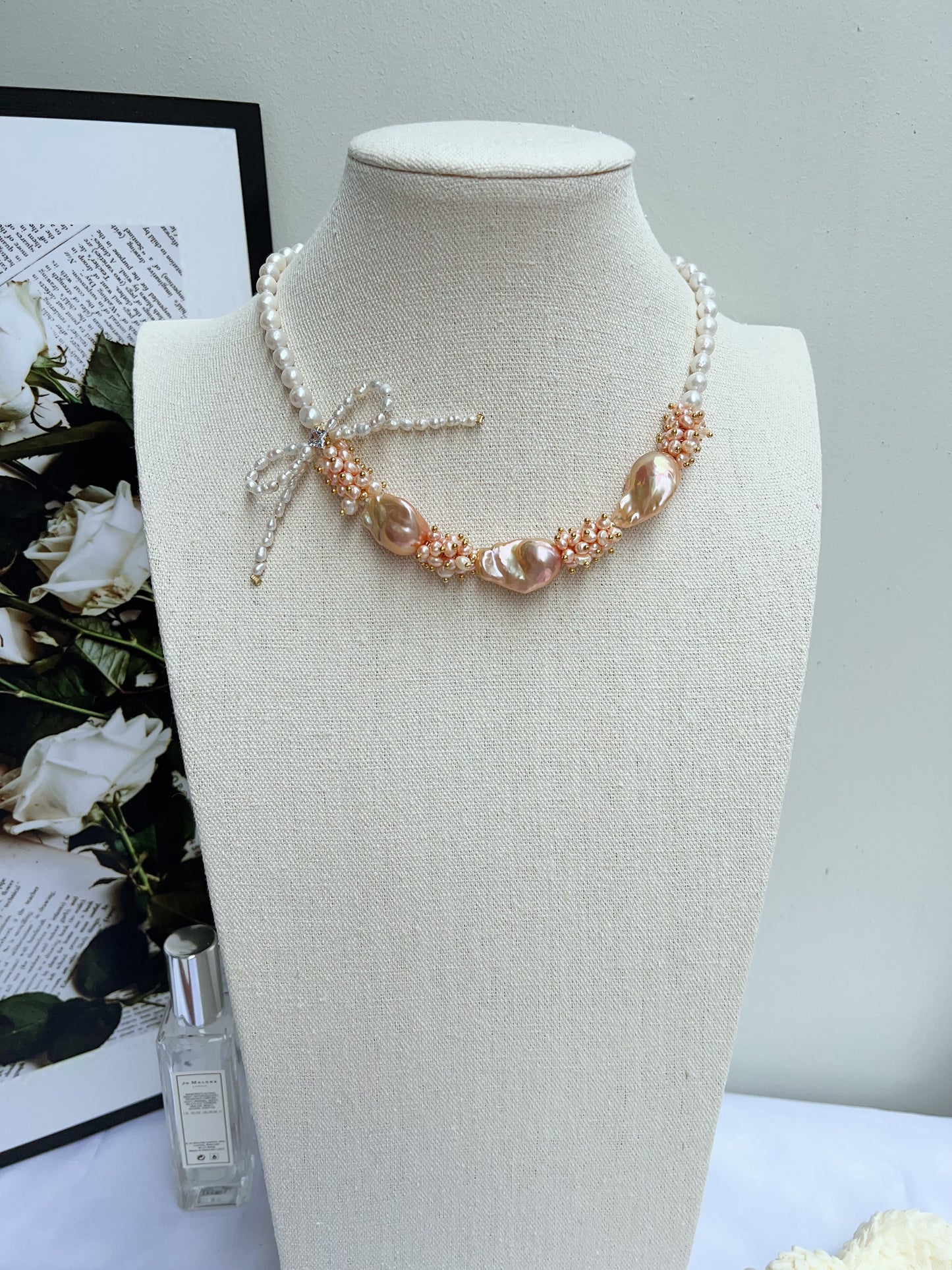 #PN1212 [Floral Series] freshwater pearl necklace champagne gold lustre 45cm big fishtail baroque butterfly design
