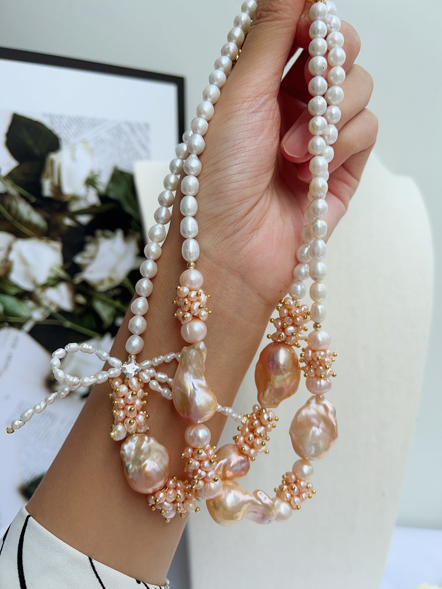 #PN1212 [Floral Series] freshwater pearl necklace champagne gold lustre 45cm big fishtail baroque butterfly design