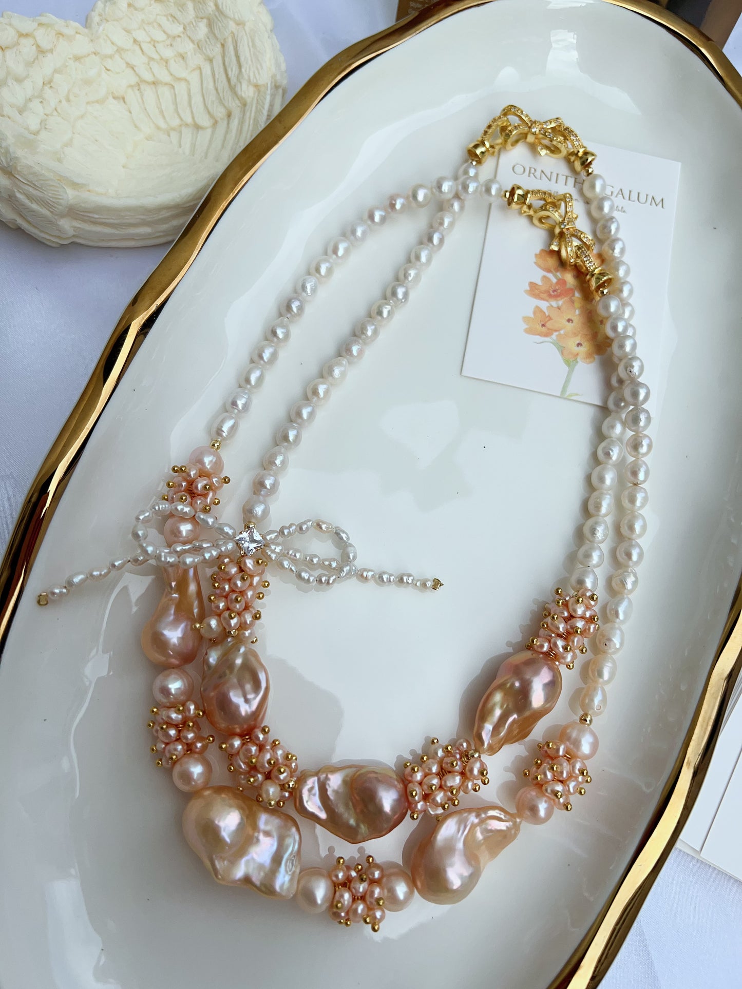 #PN1212 [Floral Series] freshwater pearl necklace champagne gold lustre 45cm big fishtail baroque butterfly design