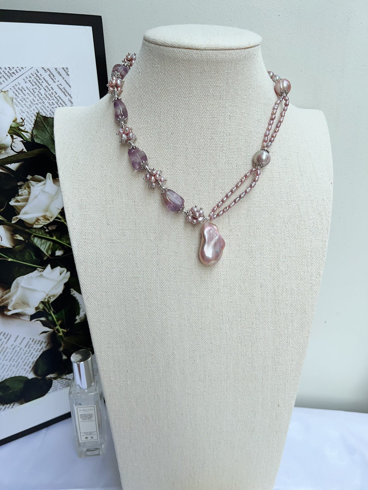 #PN1209 [Floral Series] freshwater pearl necklace 2-layer avocado baroque big fishtail baroque pearl pendant amethyst freeform AB design