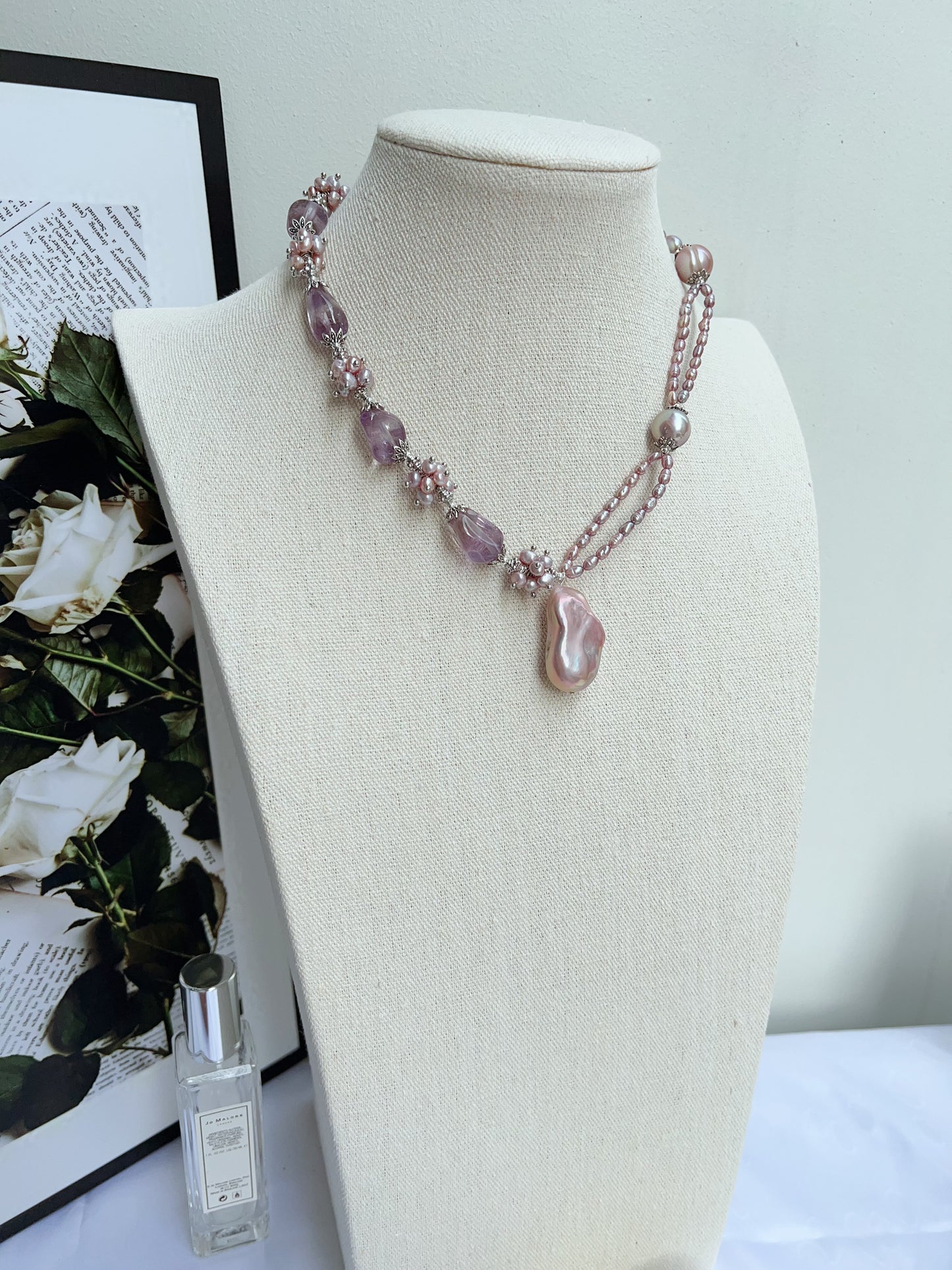 #PN1209 [Floral Series] freshwater pearl necklace 2-layer avocado baroque big fishtail baroque pearl pendant amethyst freeform AB design