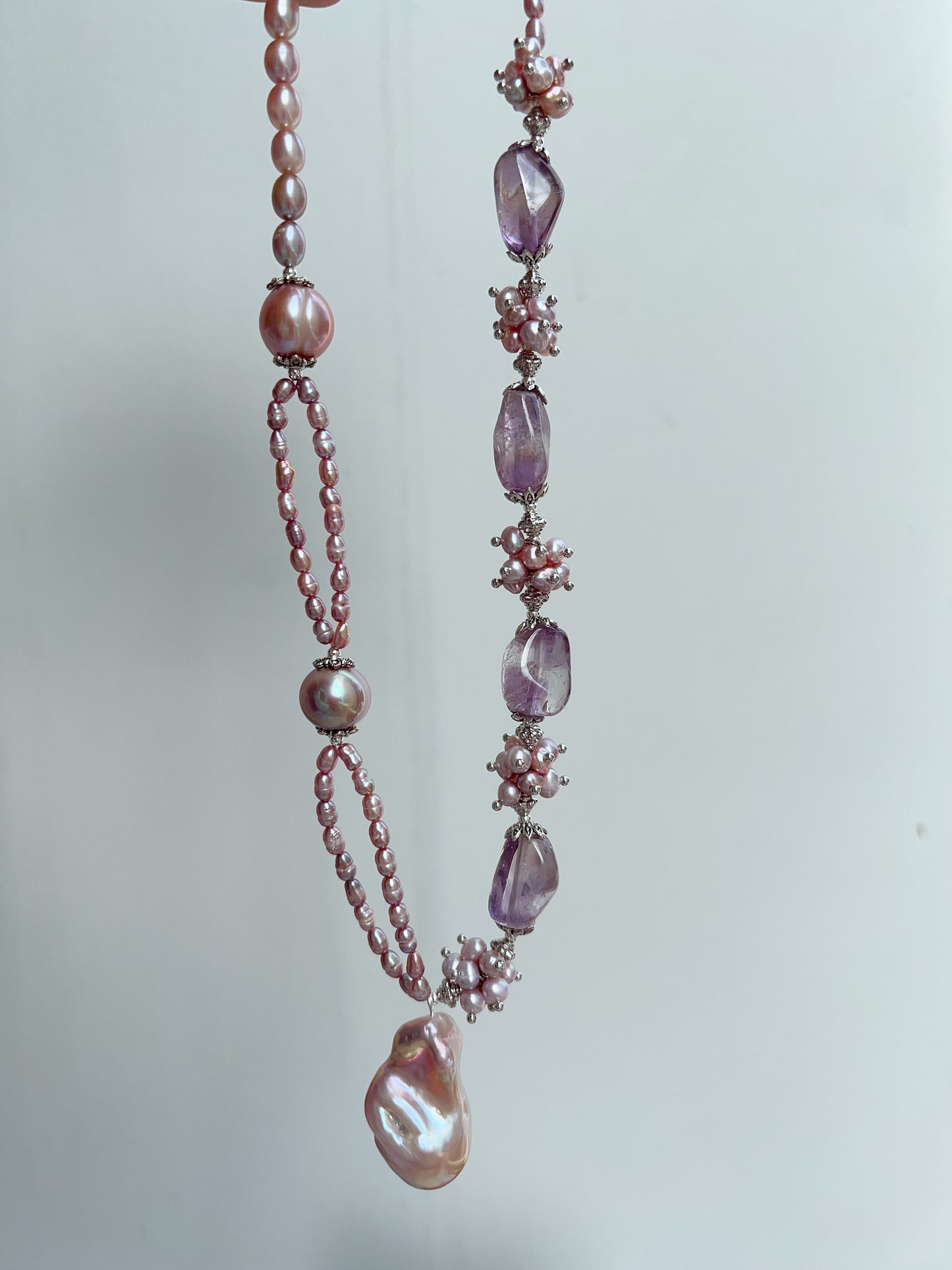 #PN1209 [Floral Series] freshwater pearl necklace 2-layer avocado baroque big fishtail baroque pearl pendant amethyst freeform AB design
