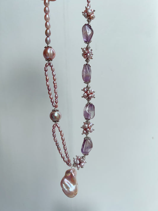 #PN1209 [Floral Series] freshwater pearl necklace 2-layer avocado baroque big fishtail baroque pearl pendant amethyst freeform AB design