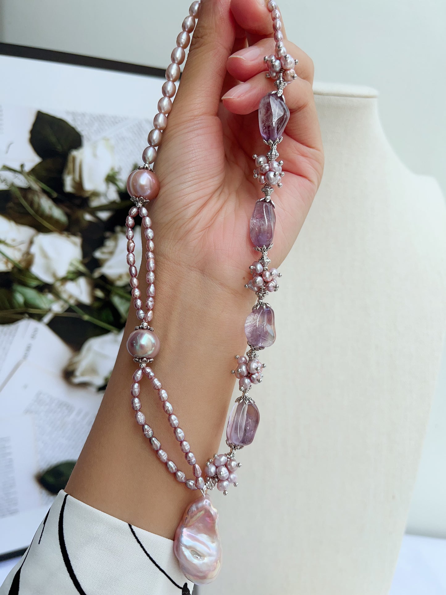 #PN1209 [Floral Series] freshwater pearl necklace 2-layer avocado baroque big fishtail baroque pearl pendant amethyst freeform AB design