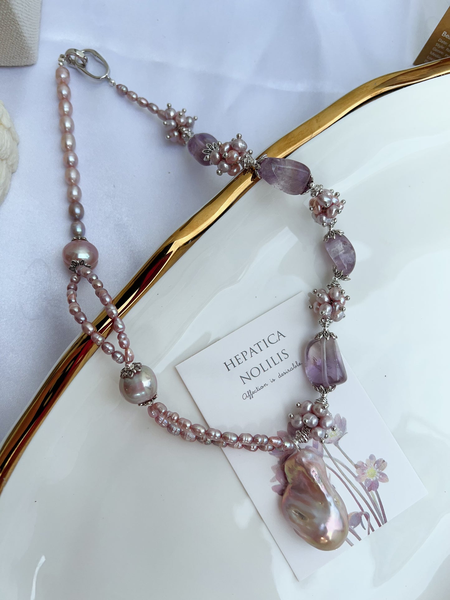 #PN1209 [Floral Series] freshwater pearl necklace 2-layer avocado baroque big fishtail baroque pearl pendant amethyst freeform AB design