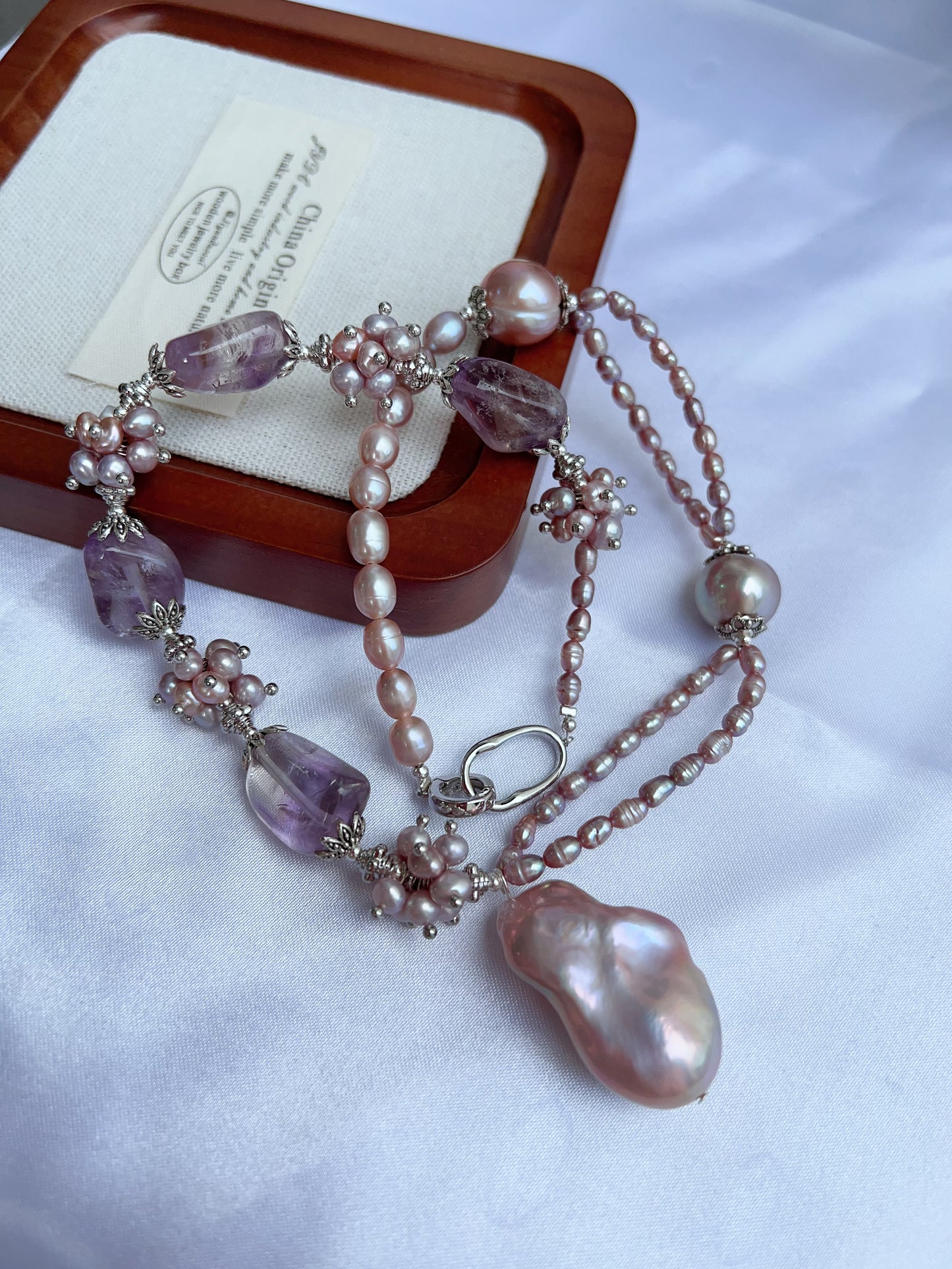 #PN1209 [Floral Series] freshwater pearl necklace 2-layer avocado baroque big fishtail baroque pearl pendant amethyst freeform AB design