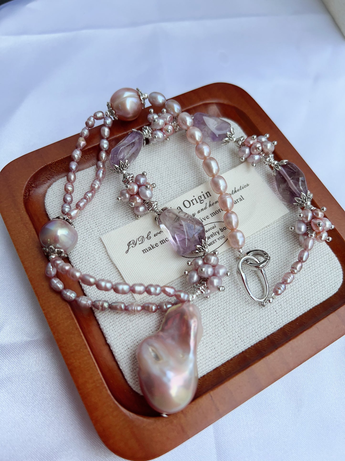 #PN1209 [Floral Series] freshwater pearl necklace 2-layer avocado baroque big fishtail baroque pearl pendant amethyst freeform AB design