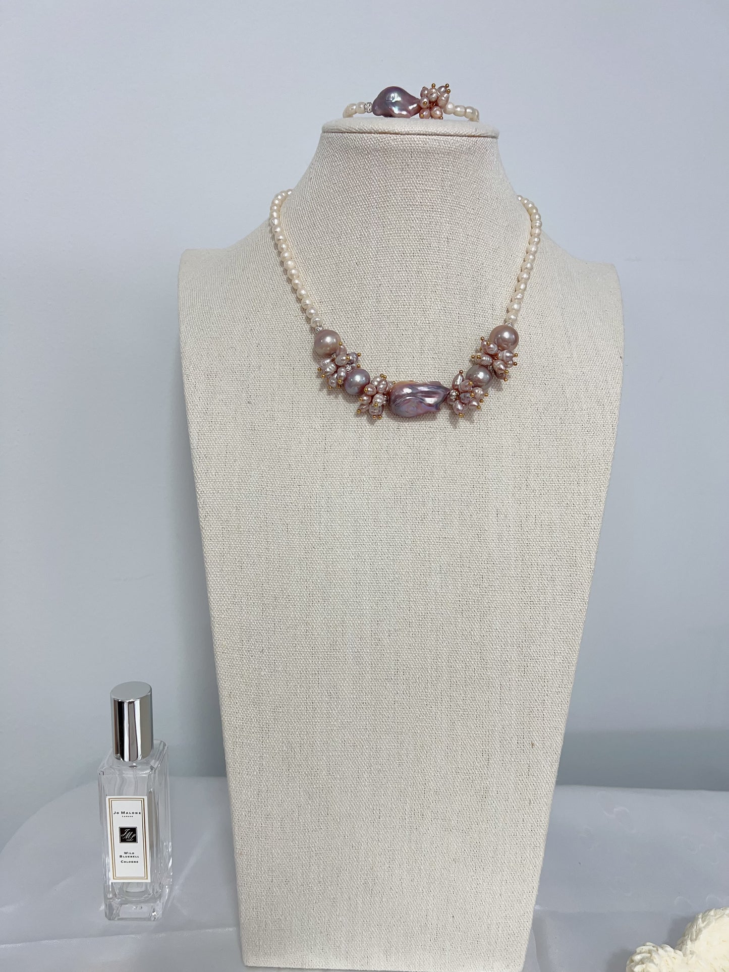 #PN1238 [Floral Series] freshwater pearl necklace & bracelet & earrings set 24mm purple fishtail baroque pearl chunky petals 12mm big pearls natural flaws