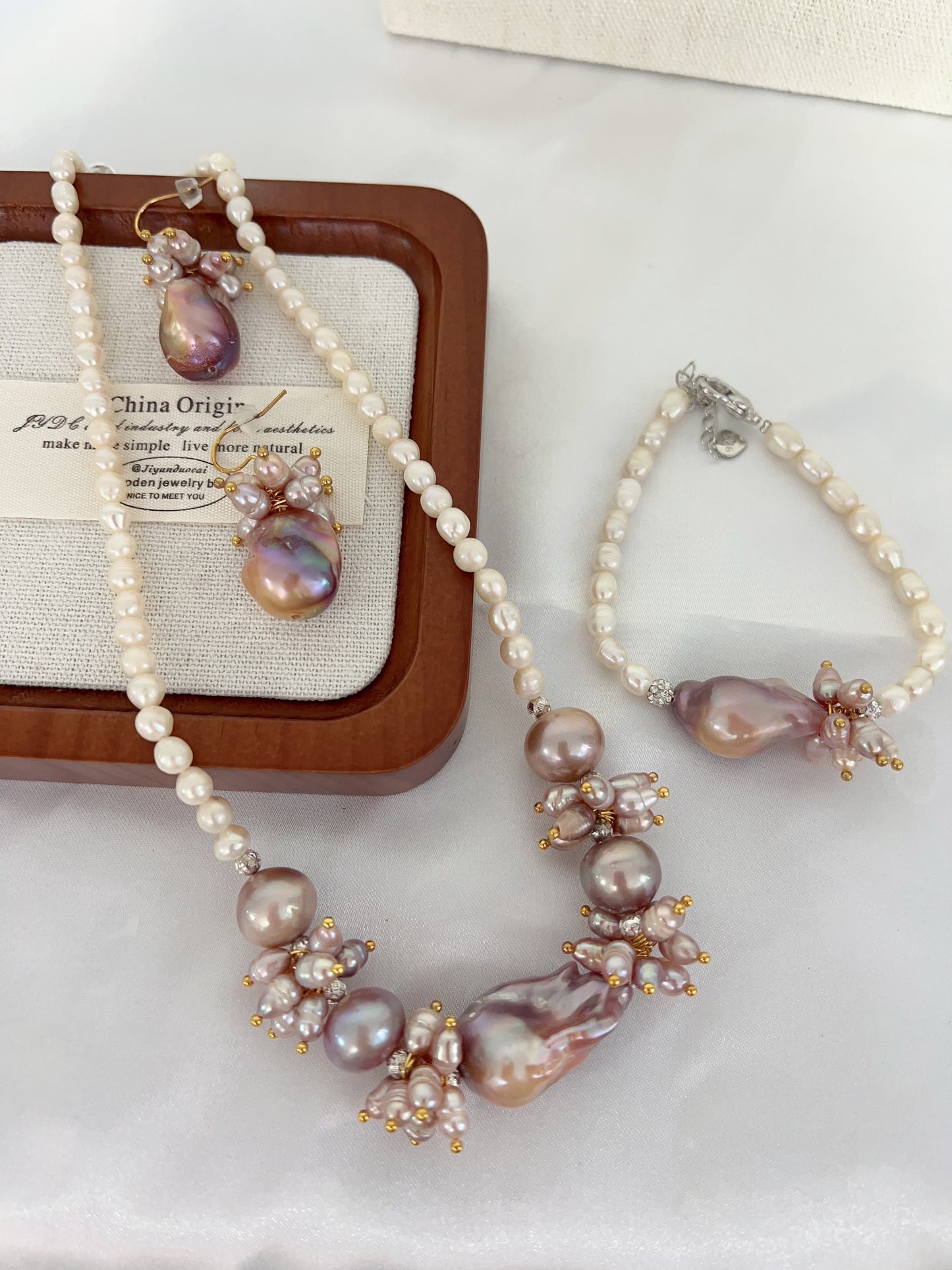 #PN1238 [Floral Series] freshwater pearl necklace & bracelet & earrings set 24mm purple fishtail baroque pearl chunky petals 12mm big pearls natural flaws
