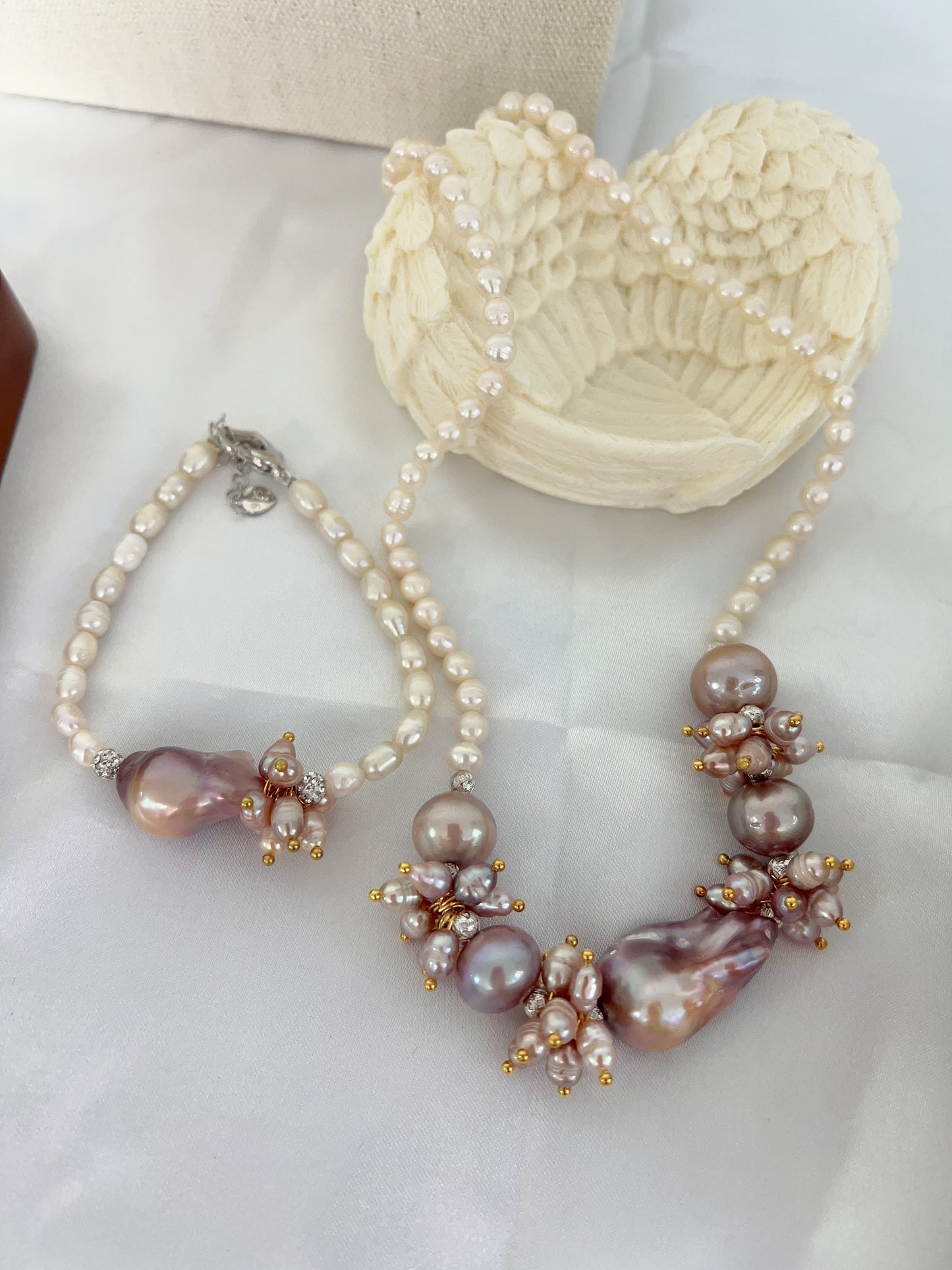 #PN1238 [Floral Series] freshwater pearl necklace & bracelet & earrings set 24mm purple fishtail baroque pearl chunky petals 12mm big pearls natural flaws