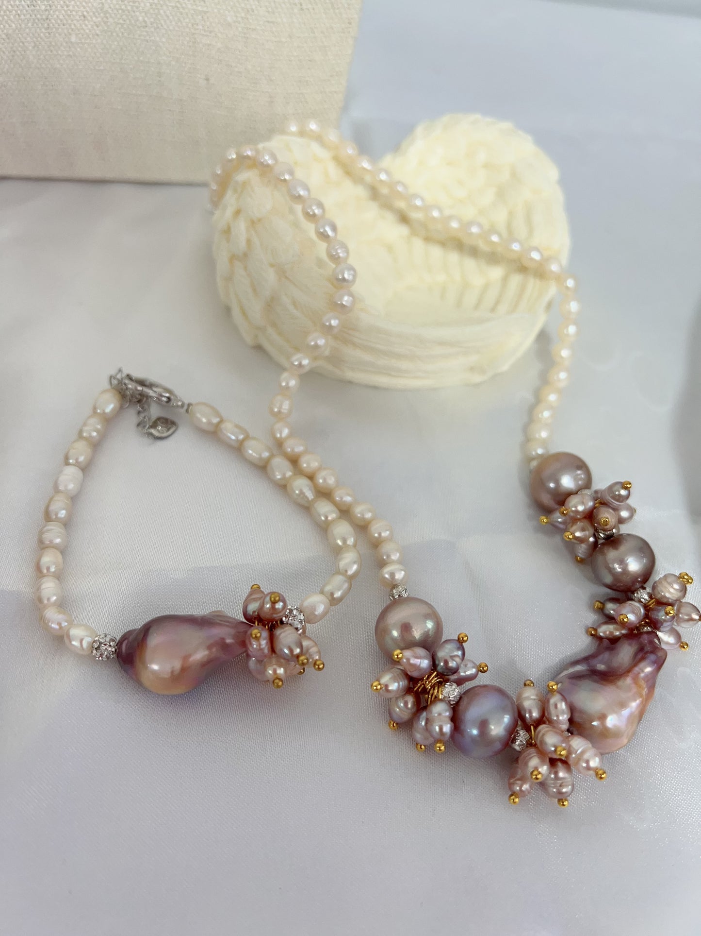 #PN1238 [Floral Series] freshwater pearl necklace & bracelet & earrings set 24mm purple fishtail baroque pearl chunky petals 12mm big pearls natural flaws