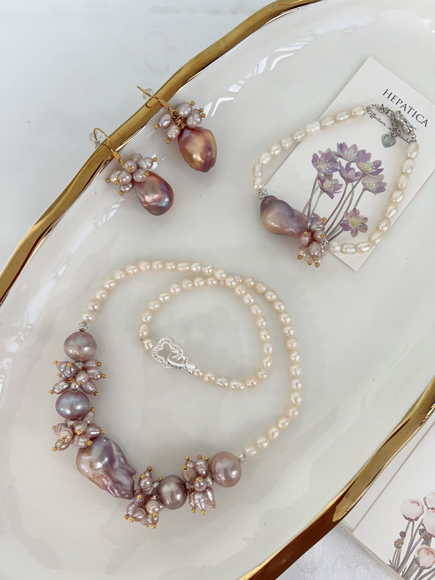 #PN1238 [Floral Series] freshwater pearl necklace & bracelet & earrings set 24mm purple fishtail baroque pearl chunky petals 12mm big pearls natural flaws