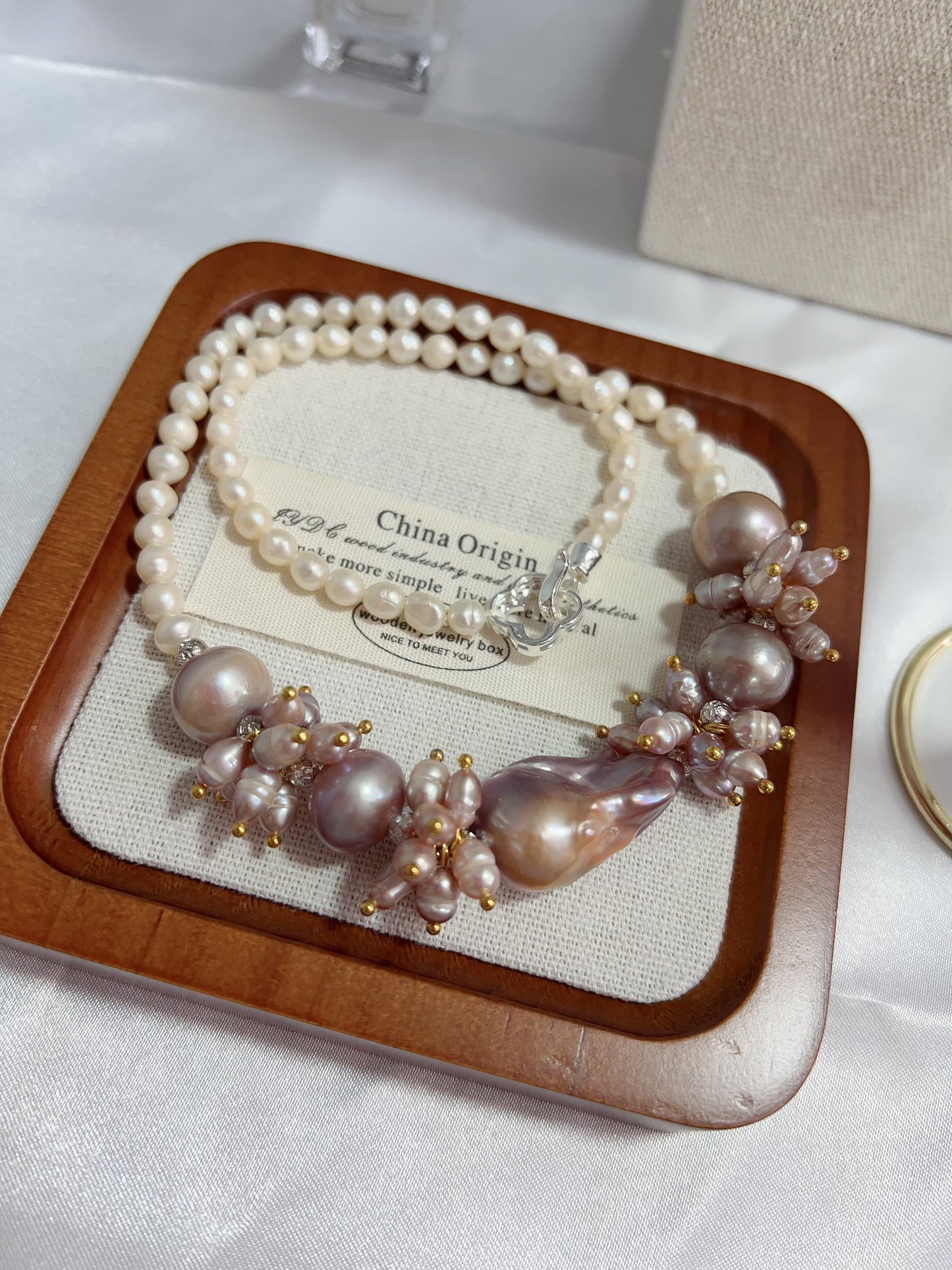 #PN1238 [Floral Series] freshwater pearl necklace & bracelet & earrings set 24mm purple fishtail baroque pearl chunky petals 12mm big pearls natural flaws