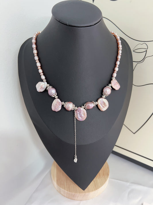 #PN1224 freshwater pearl necklace big petal baroque light metallic purple dangling romantic lustrous