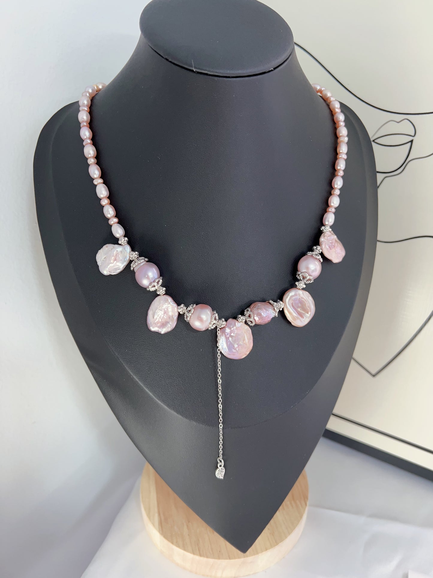 #PN1224 freshwater pearl necklace big petal baroque light metallic purple dangling romantic lustrous