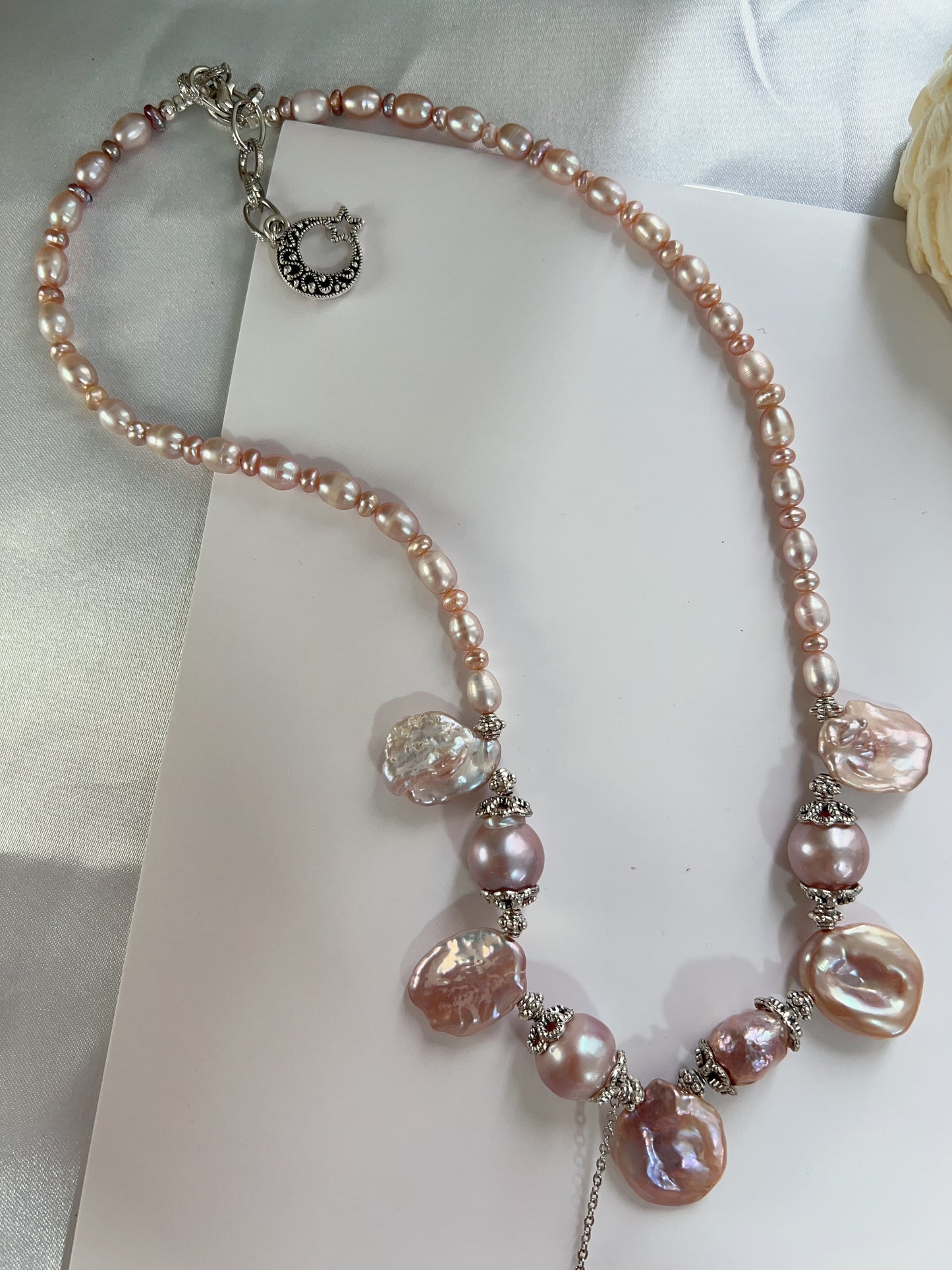 #PN1224 freshwater pearl necklace big petal baroque light metallic purple dangling romantic lustrous