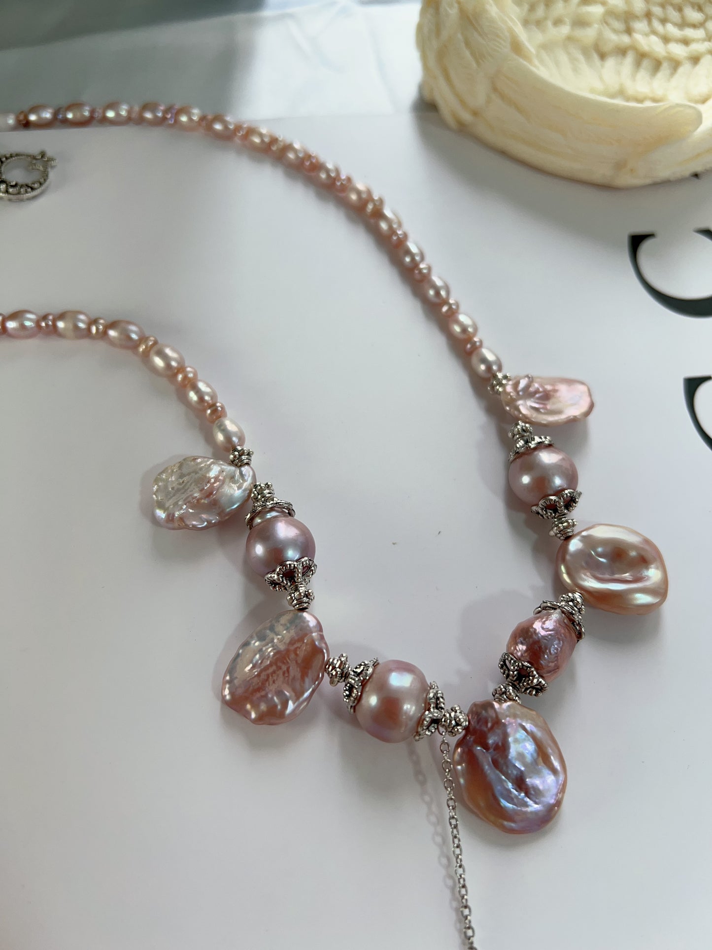 #PN1224 freshwater pearl necklace big petal baroque light metallic purple dangling romantic lustrous