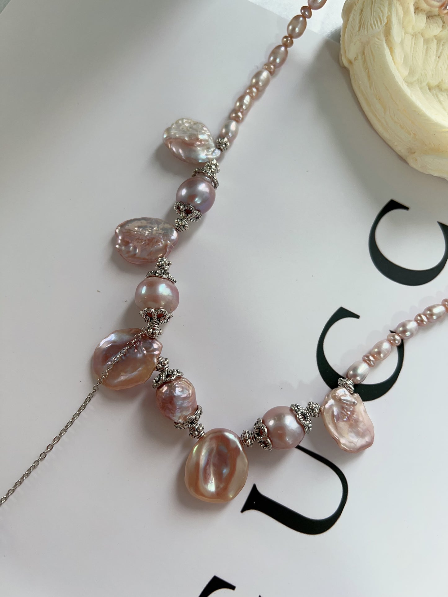 #PN1224 freshwater pearl necklace big petal baroque light metallic purple dangling romantic lustrous