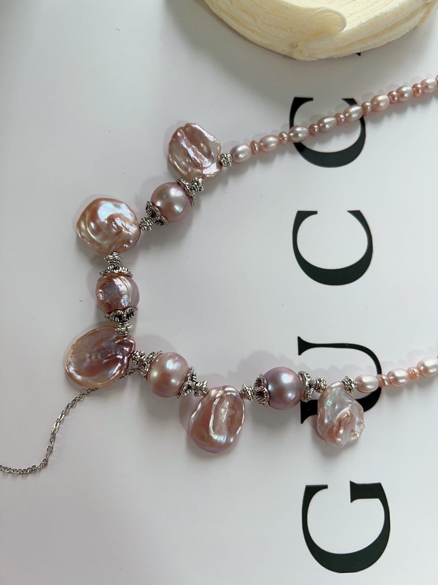 #PN1224 freshwater pearl necklace big petal baroque light metallic purple dangling romantic lustrous