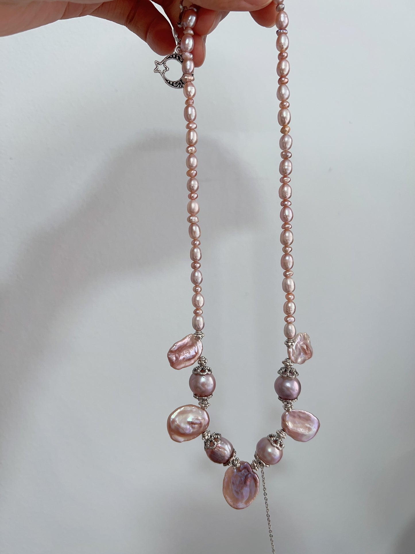 #PN1224 freshwater pearl necklace big petal baroque light metallic purple dangling romantic lustrous