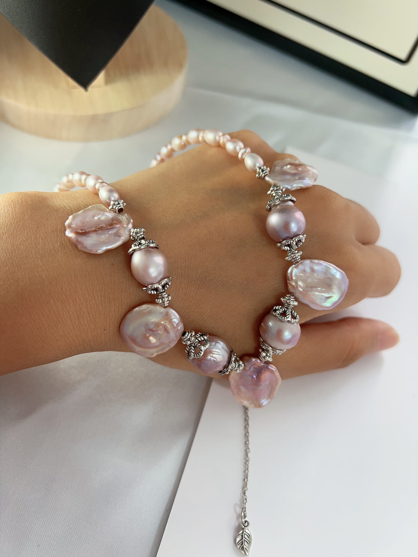 #PN1224 freshwater pearl necklace big petal baroque light metallic purple dangling romantic lustrous