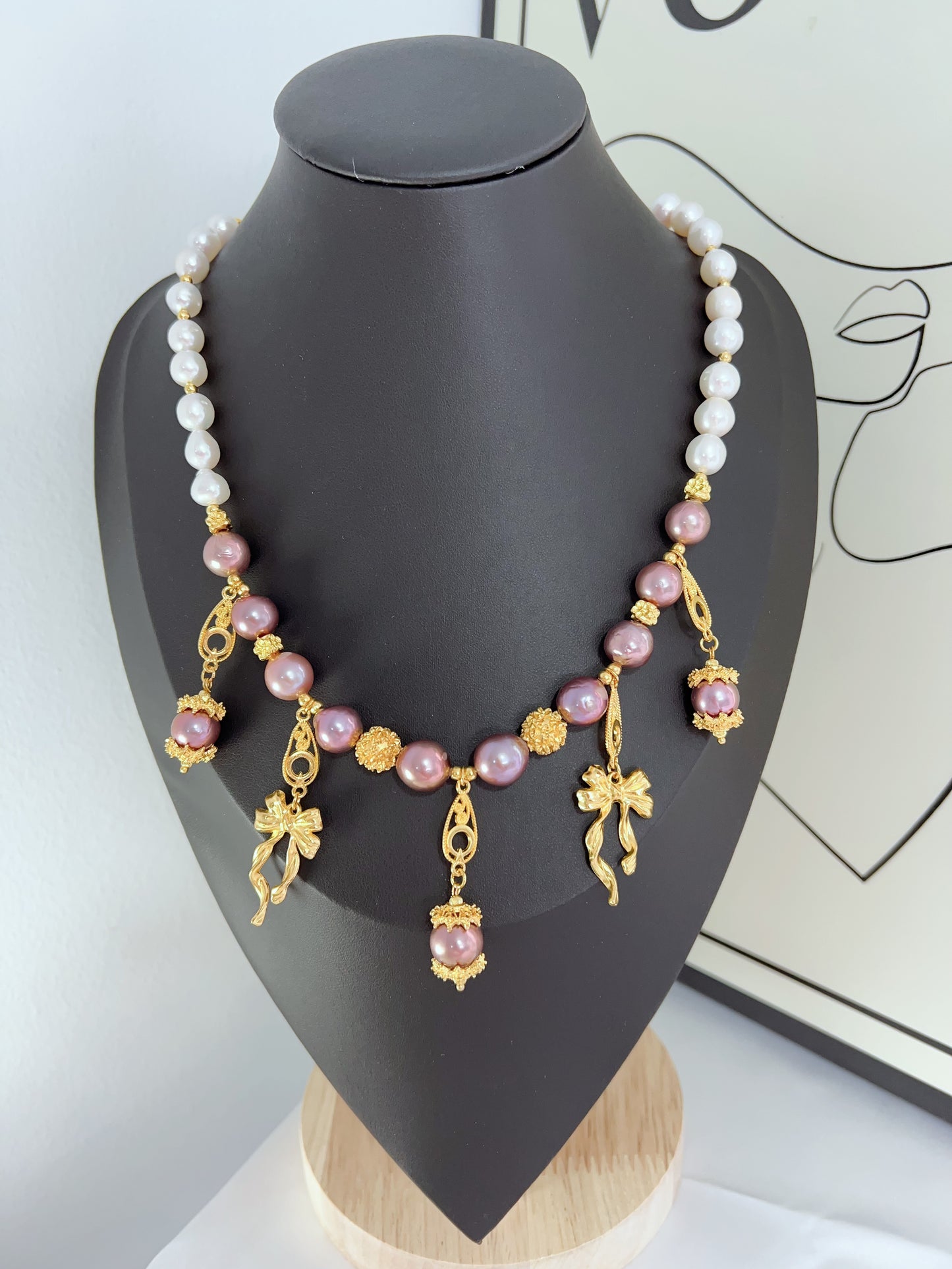 #PN1237 freshwater pearl necklace metallic purple Edison pearl golden charms superb lustre white big baroque pearl dangling design